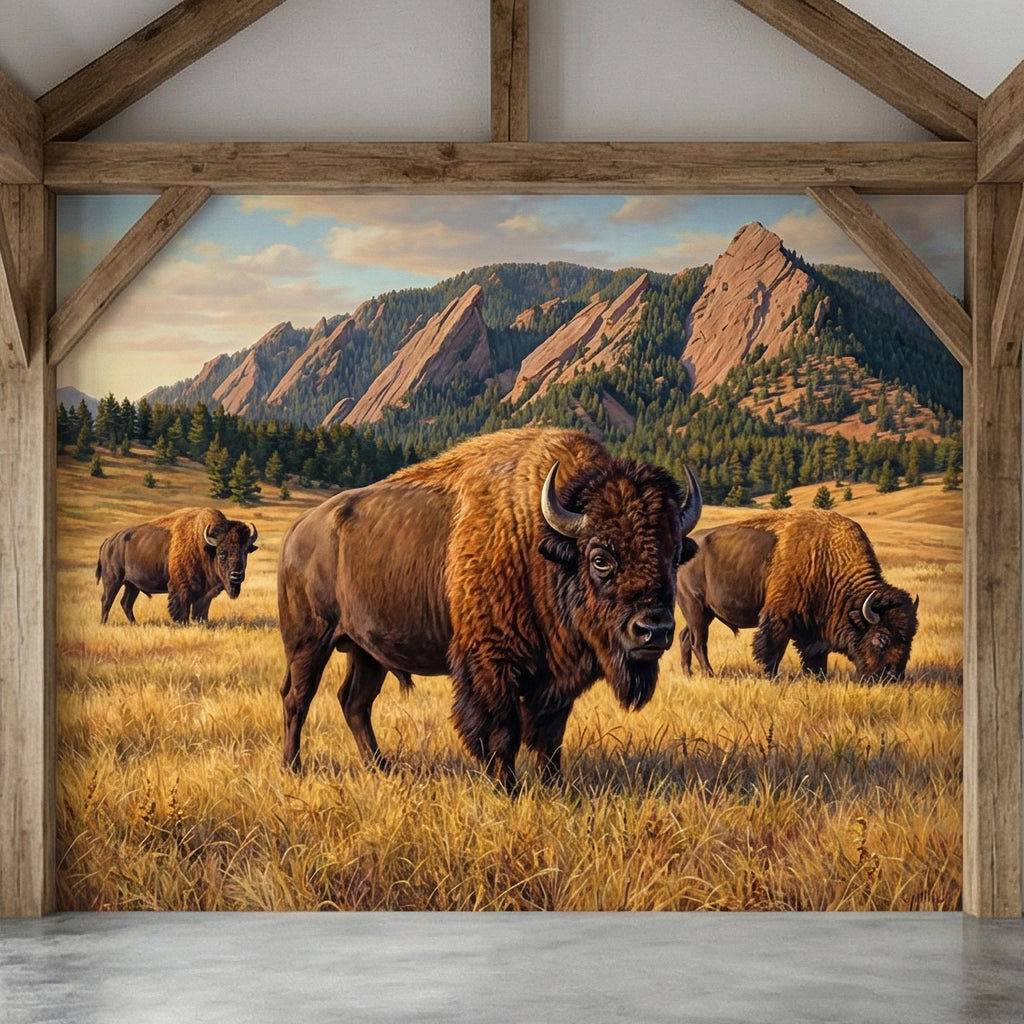 Bison Peel and Stick Wall Mural, Rocky Mountain Wildlife Landscape, Rustic Western Prairie Nature Wallpaper
