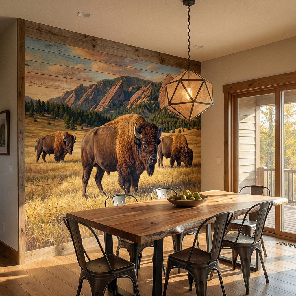 Bison Peel and Stick Wall Mural, Rocky Mountain Wildlife Landscape, Rustic Western Prairie Nature Wallpaper