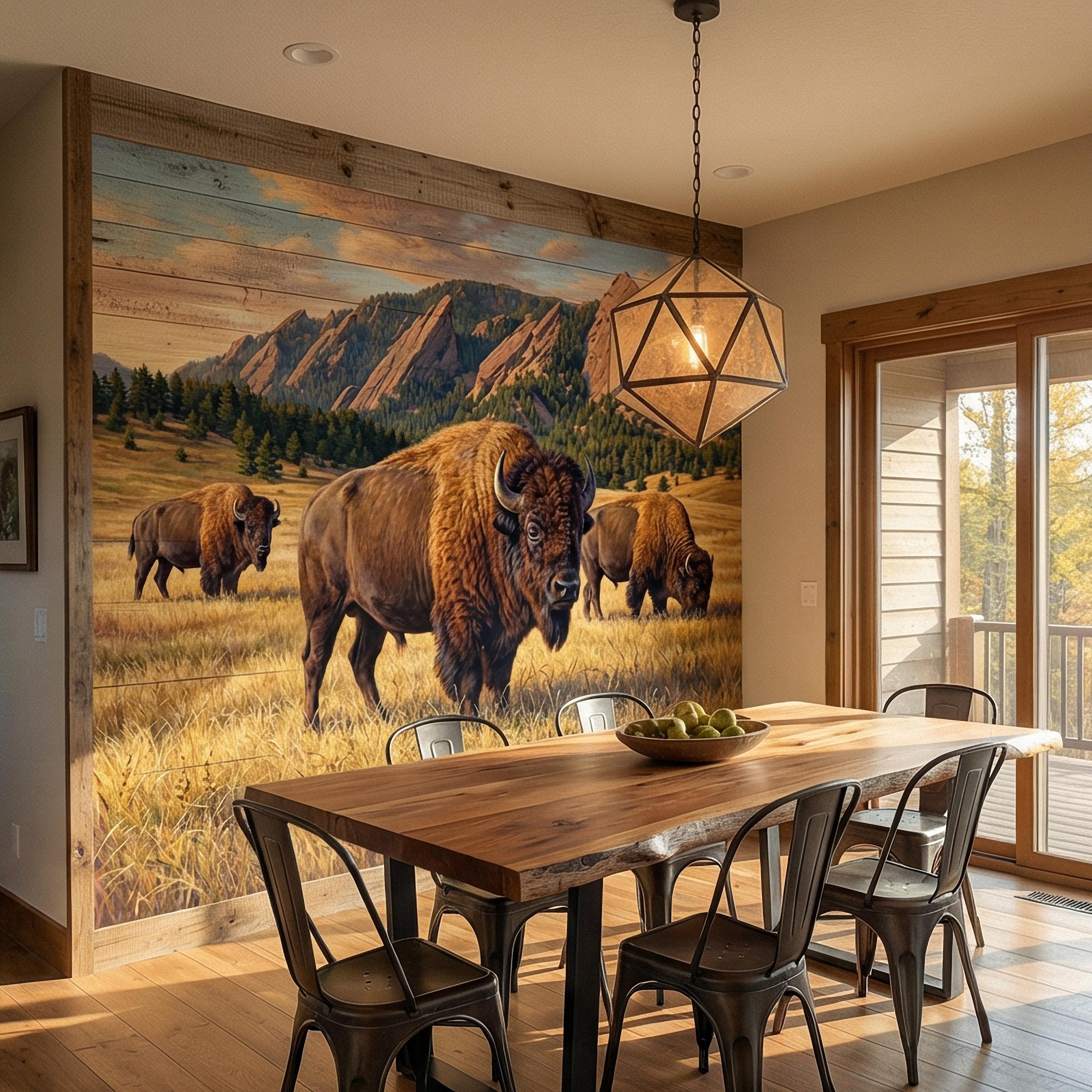 Bison Peel and Stick Wall Mural, Rocky Mountain Wildlife Landscape, Rustic Western Prairie Nature Wallpaper