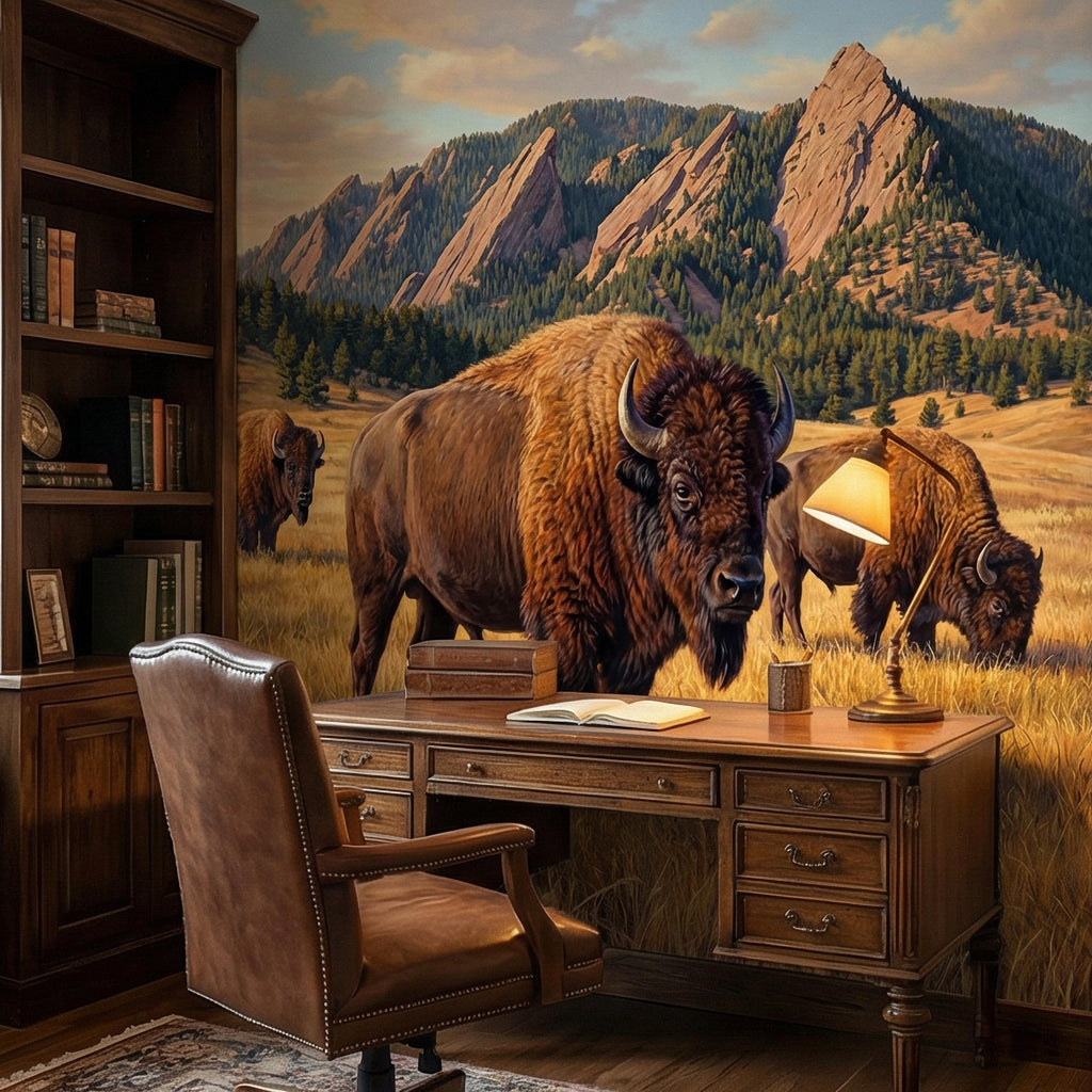 Bison Peel and Stick Wall Mural, Rocky Mountain Wildlife Landscape, Rustic Western Prairie Nature Wallpaper