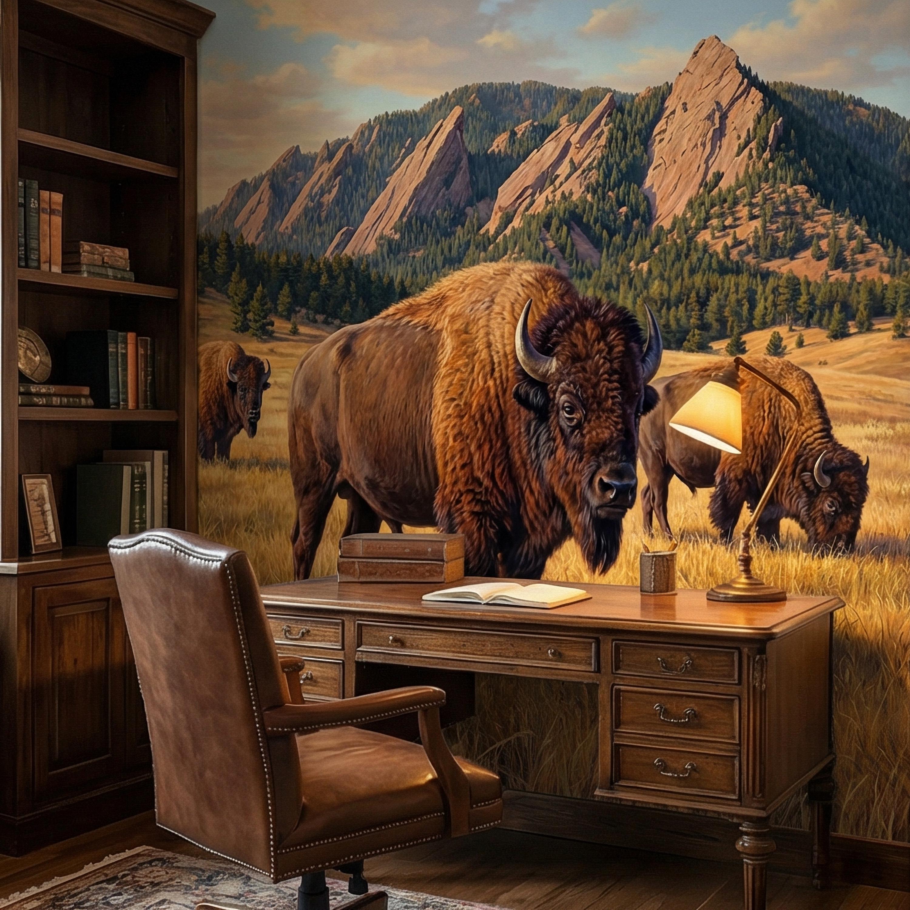 Bison Peel and Stick Wall Mural, Rocky Mountain Wildlife Landscape, Rustic Western Prairie Nature Wallpaper