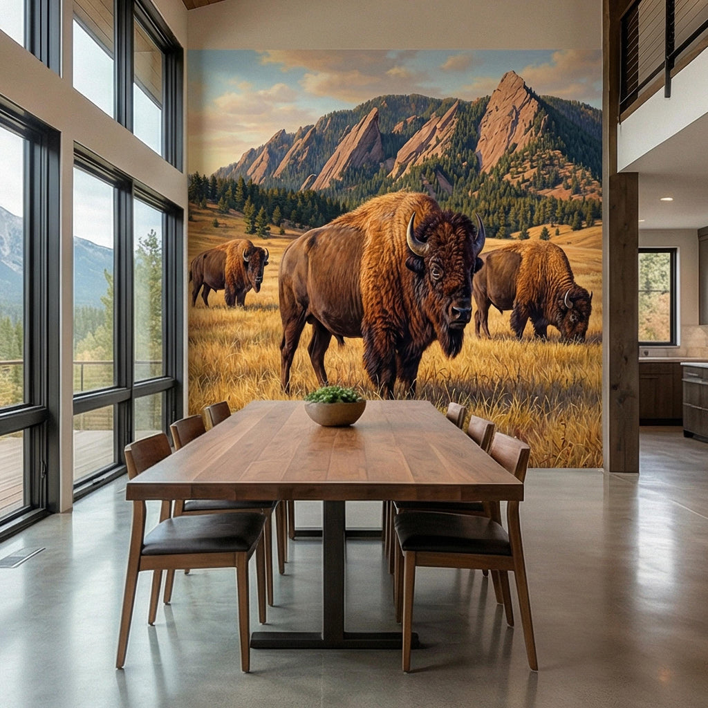 Bison Peel and Stick Wall Mural, Rocky Mountain Wildlife Landscape, Rustic Western Prairie Nature Wallpaper
