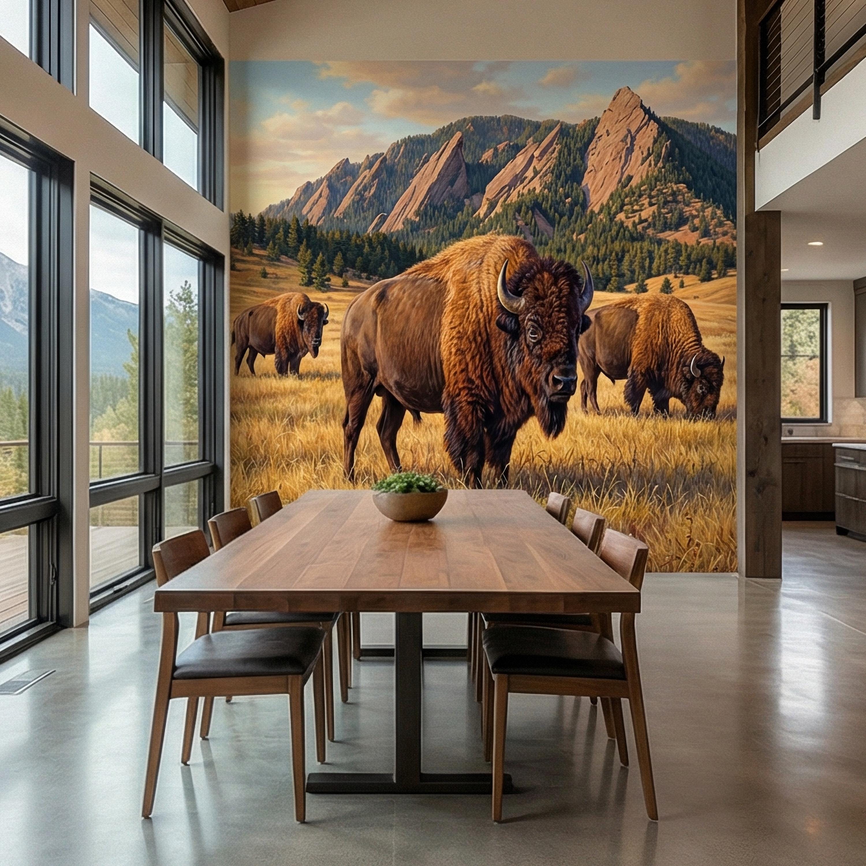 Bison Peel and Stick Wall Mural, Rocky Mountain Wildlife Landscape, Rustic Western Prairie Nature Wallpaper