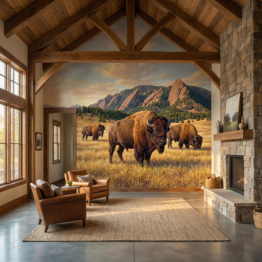 Bison Peel and Stick Wall Mural, Rocky Mountain Wildlife Landscape, Rustic Western Prairie Nature Wallpaper