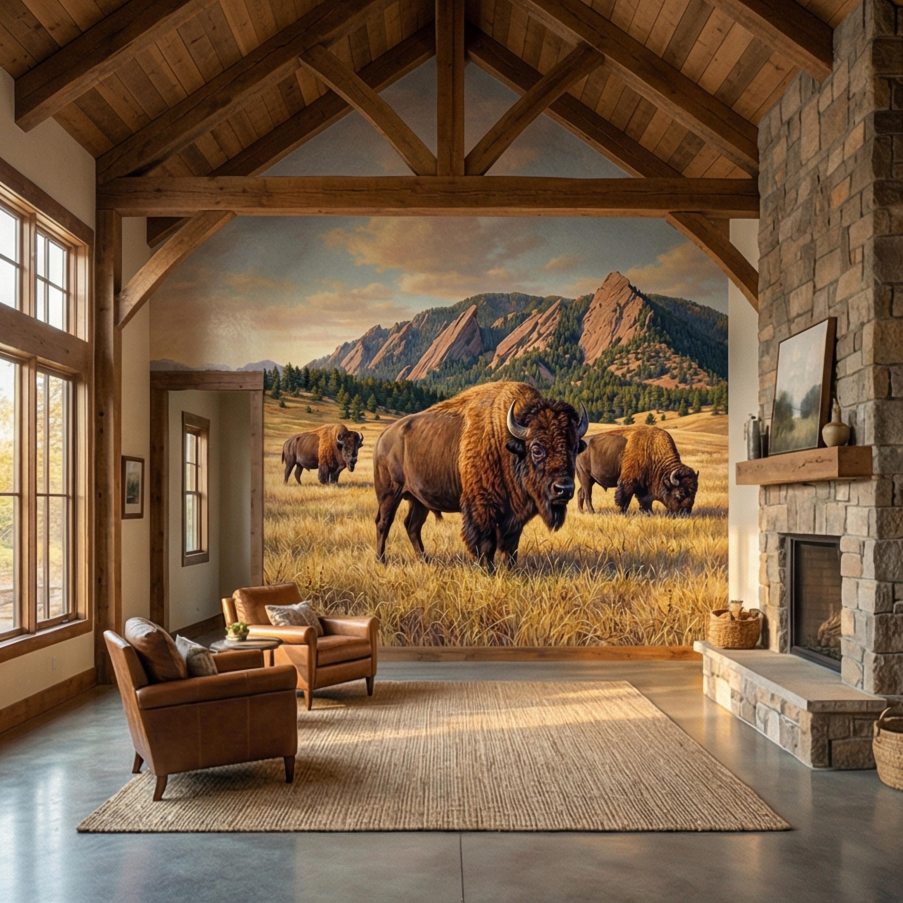 Bison Peel and Stick Wall Mural, Rocky Mountain Wildlife Landscape, Rustic Western Prairie Nature Wallpaper