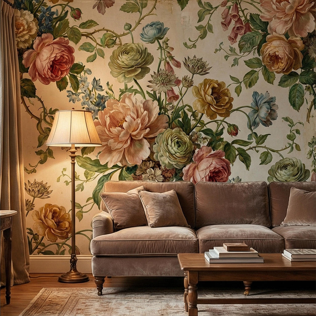 Vintage Floral Peel and Stick Wall Mural, Romantic Peony Rose Botanical, Antique Cottage Floral Wallpaper