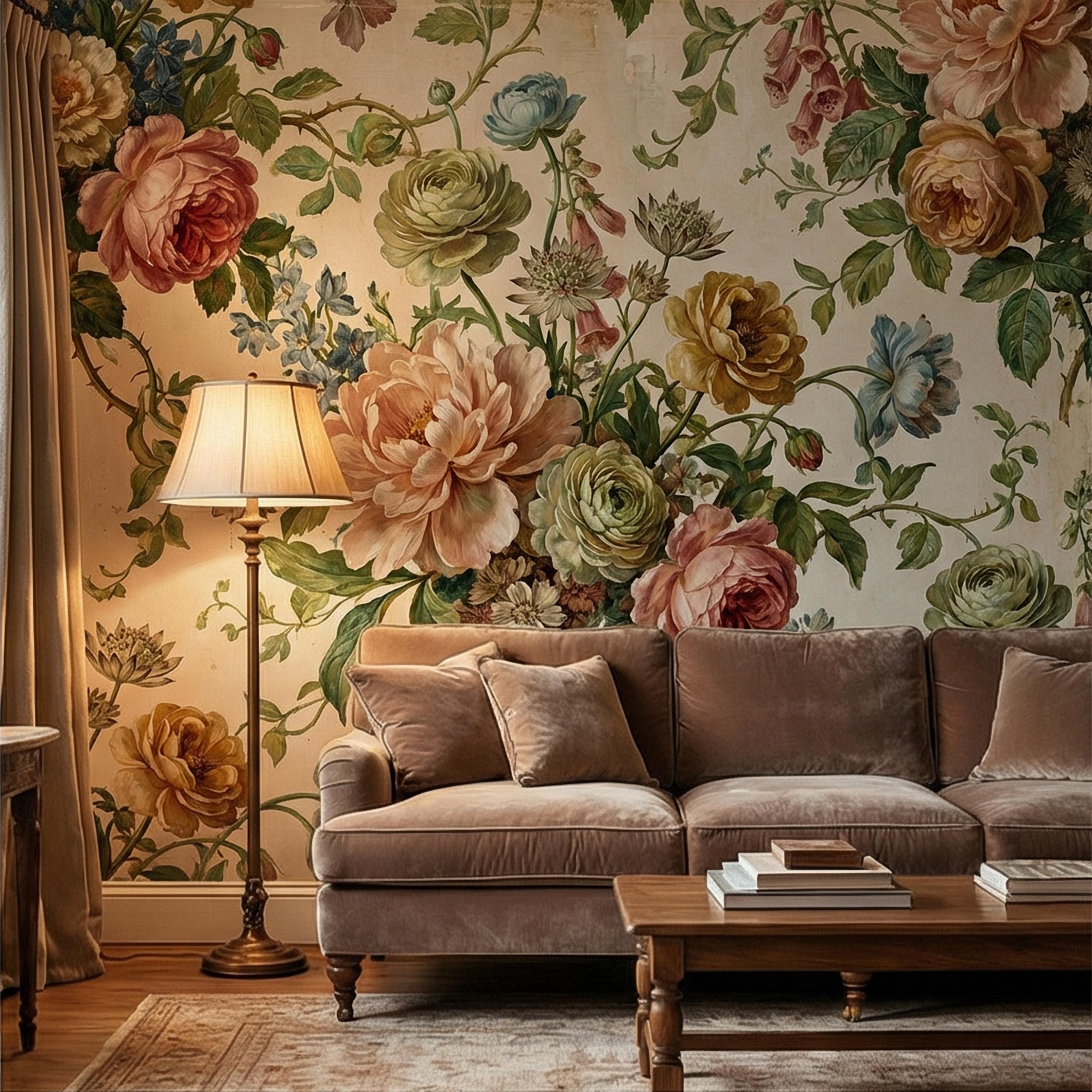 Vintage Floral Peel and Stick Wall Mural, Romantic Peony Rose Botanical, Antique Cottage Floral Wallpaper