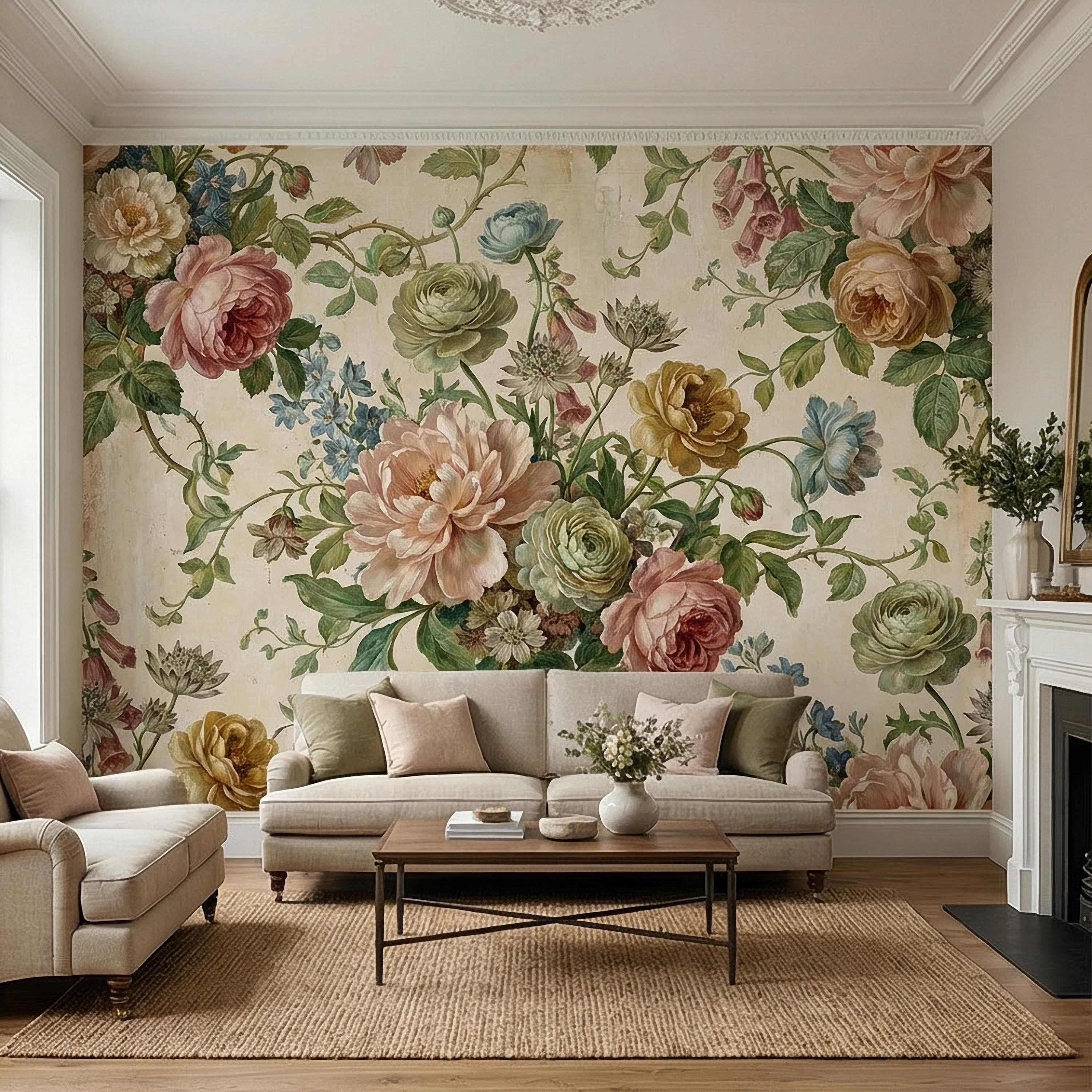 Vintage Floral Peel and Stick Wall Mural, Romantic Peony Rose Botanical, Antique Cottage Floral Wallpaper
