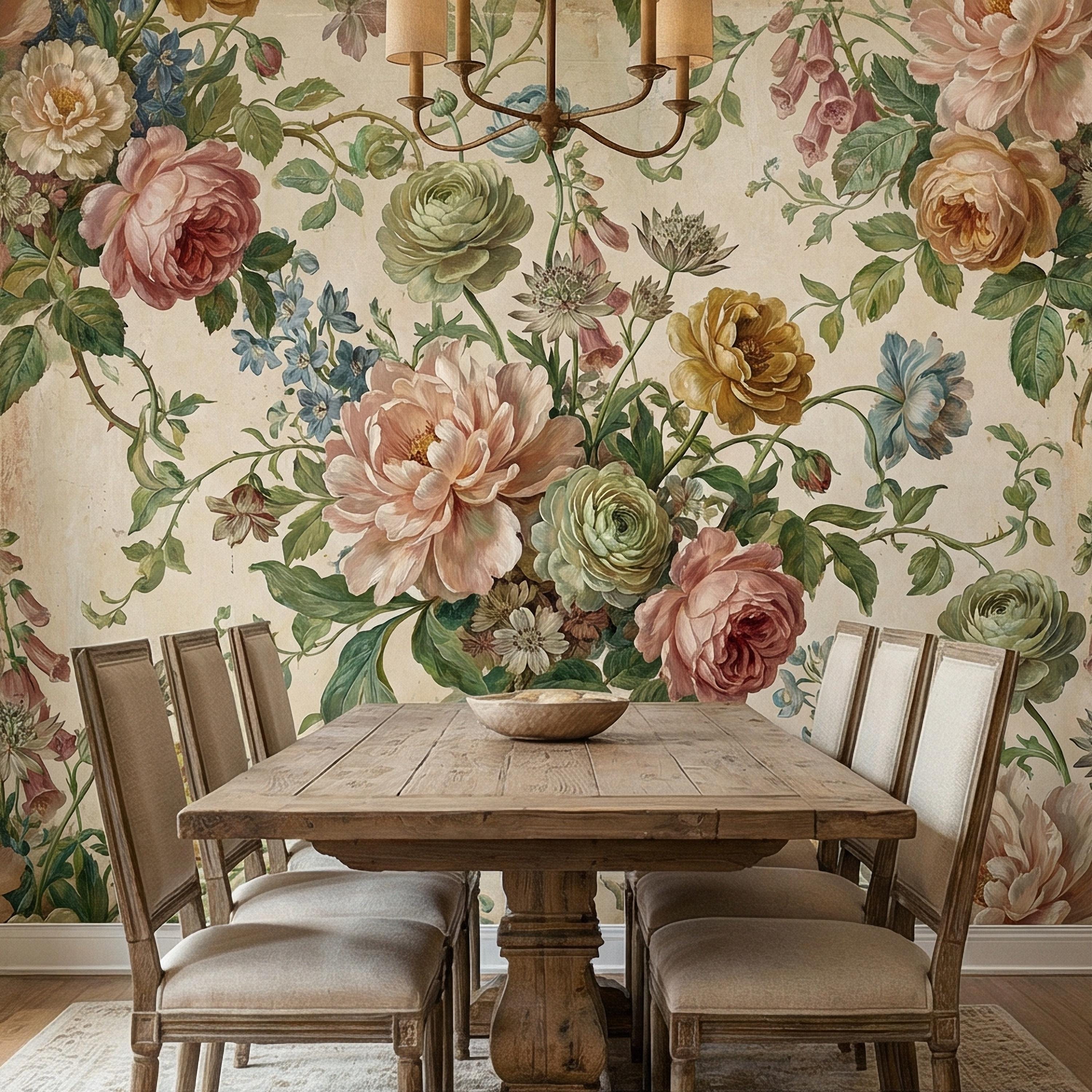 Vintage Floral Peel and Stick Wall Mural, Romantic Peony Rose Botanical, Antique Cottage Floral Wallpaper