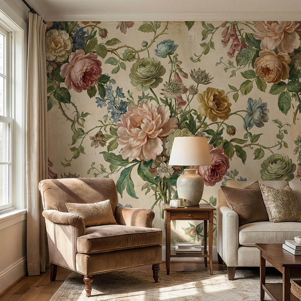 Vintage Floral Peel and Stick Wall Mural, Romantic Peony Rose Botanical, Antique Cottage Floral Wallpaper