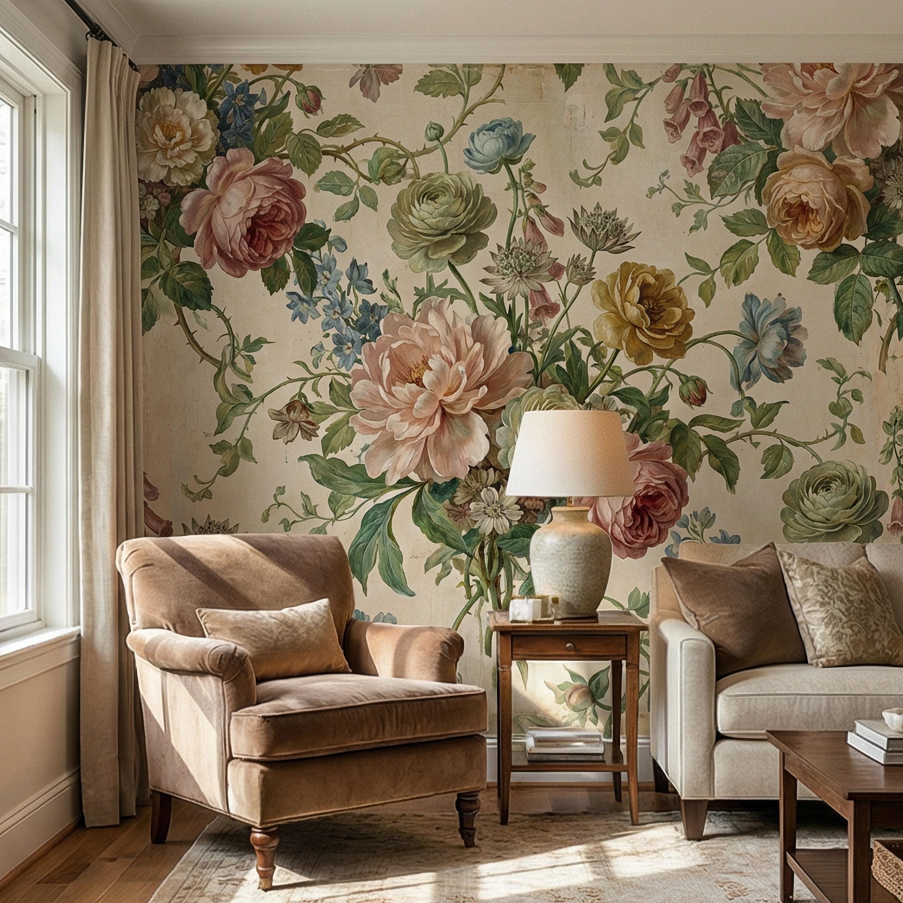 Vintage Floral Peel and Stick Wall Mural, Romantic Peony Rose Botanical, Antique Cottage Floral Wallpaper