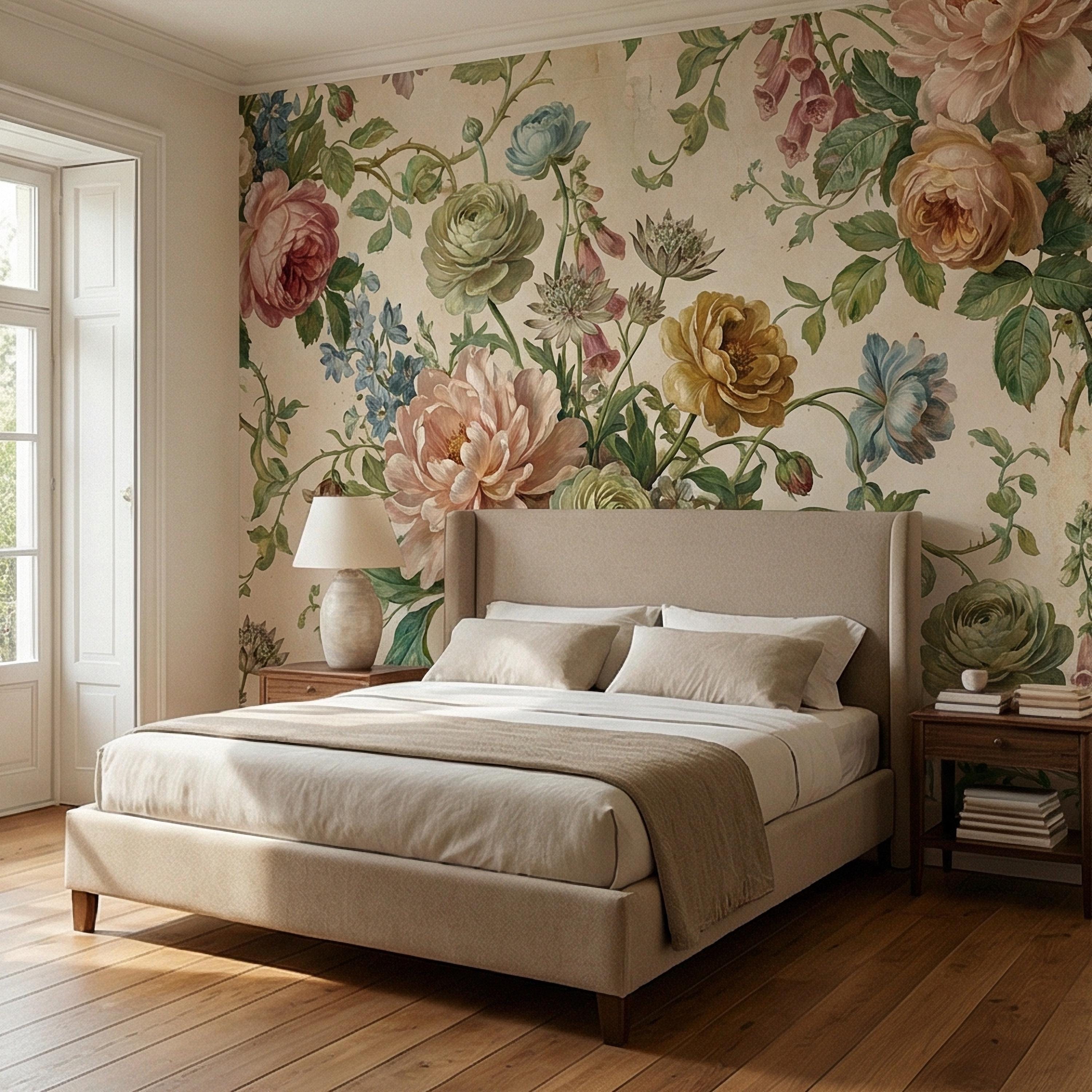 Vintage Floral Peel and Stick Wall Mural, Romantic Peony Rose Botanical, Antique Cottage Floral Wallpaper