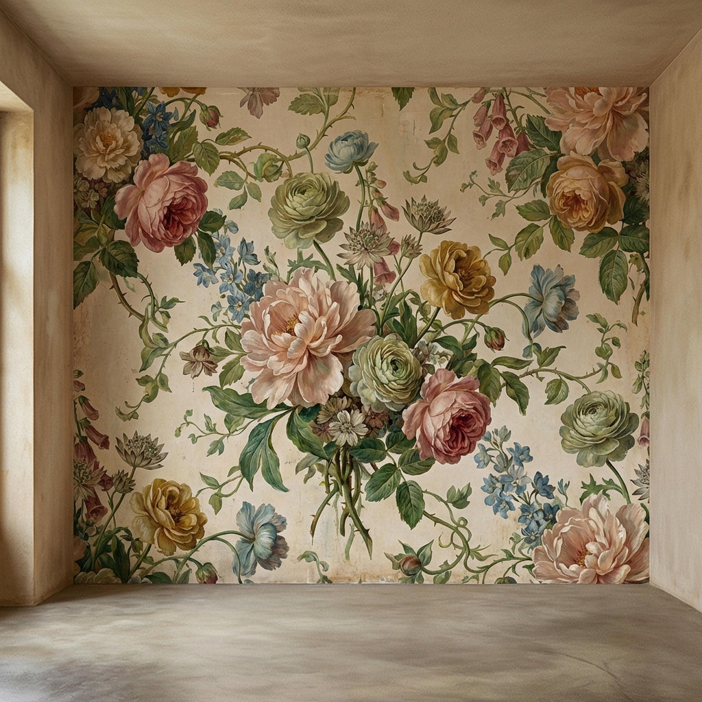 Vintage Floral Peel and Stick Wall Mural, Romantic Peony Rose Botanical, Antique Cottage Floral Wallpaper
