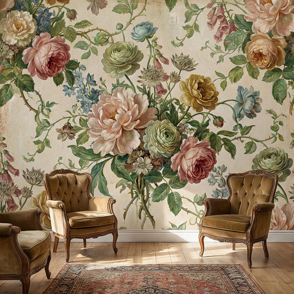 Vintage Floral Peel and Stick Wall Mural, Romantic Peony Rose Botanical, Antique Cottage Floral Wallpaper