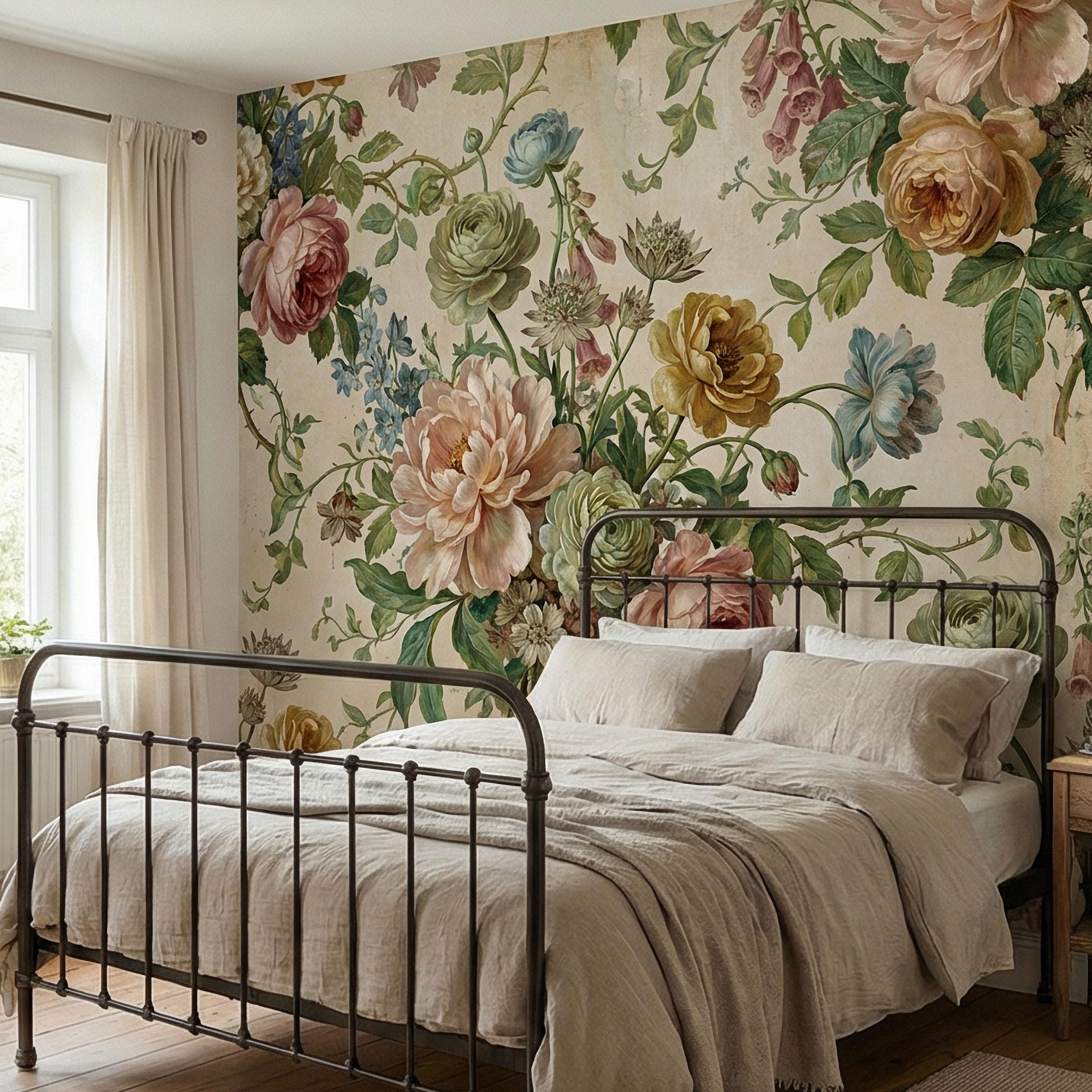 Vintage Floral Peel and Stick Wall Mural, Romantic Peony Rose Botanical, Antique Cottage Floral Wallpaper