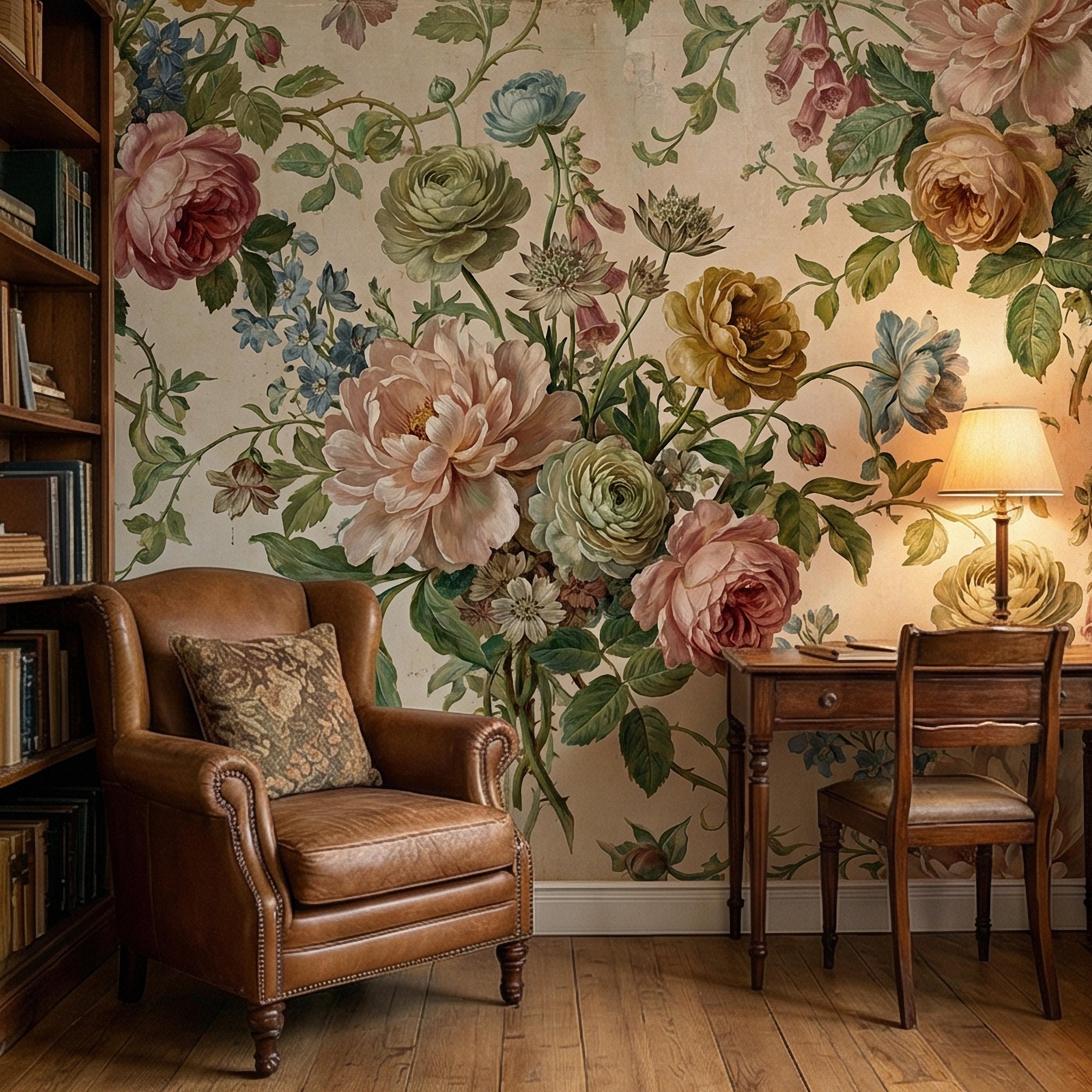 Vintage Floral Peel and Stick Wall Mural, Romantic Peony Rose Botanical, Antique Cottage Floral Wallpaper