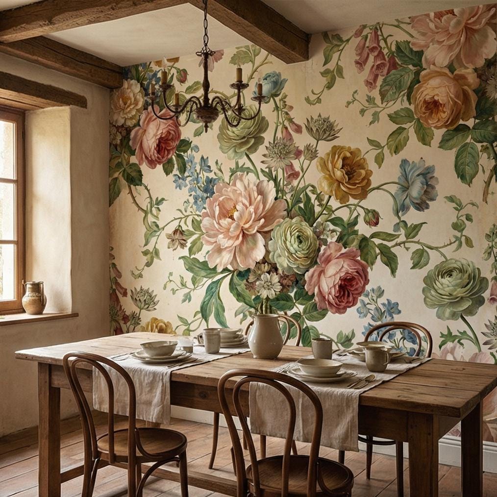 Vintage Floral Peel and Stick Wall Mural, Romantic Peony Rose Botanical, Antique Cottage Floral Wallpaper