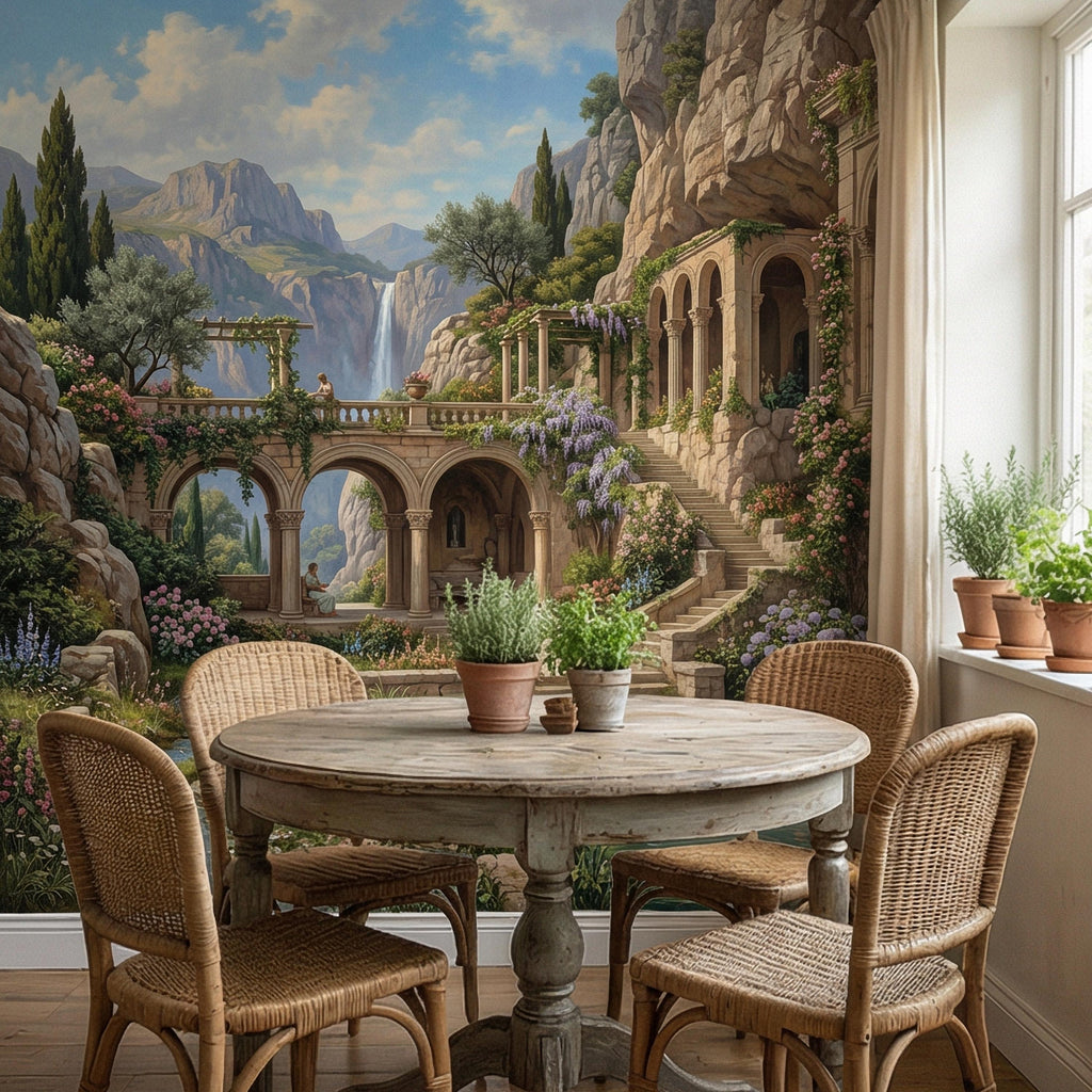 Mediterranean Villa Peel and Stick Wall Mural, Romantic Italian Garden Landscape, Waterfall Courtyard Floral Nature Wallpaper
