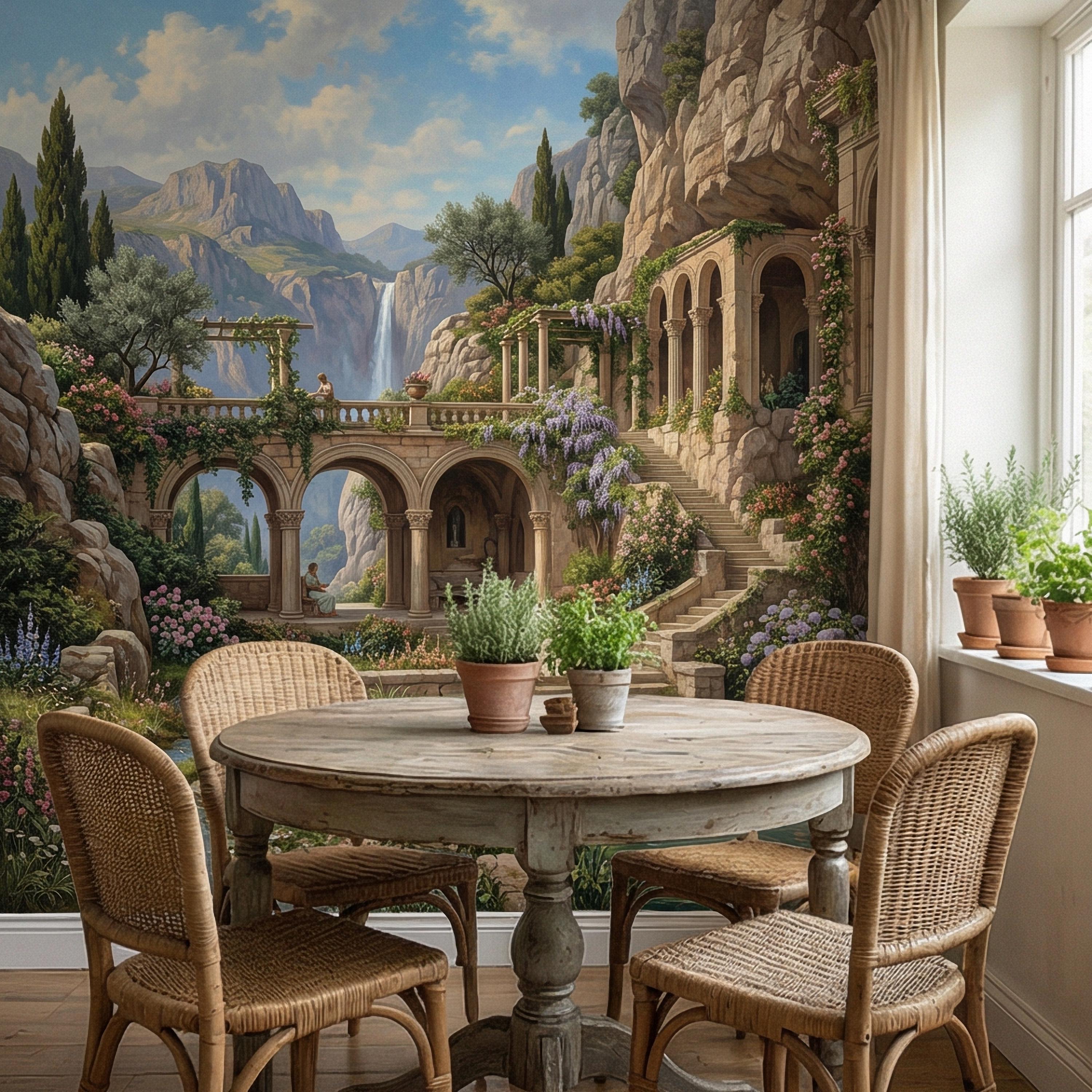 Mediterranean Villa Peel and Stick Wall Mural, Romantic Italian Garden Landscape, Waterfall Courtyard Floral Nature Wallpaper
