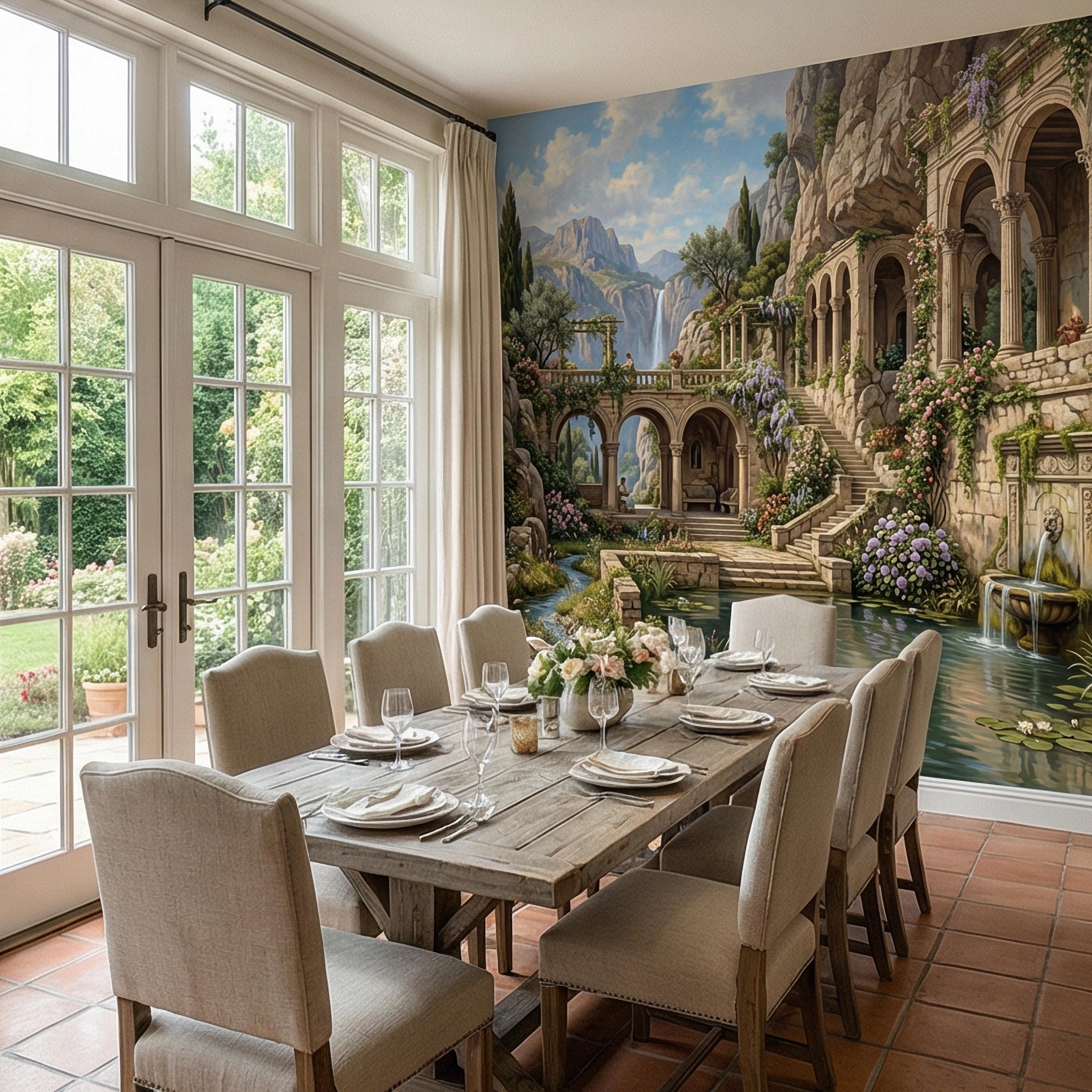 Mediterranean Villa Peel and Stick Wall Mural, Romantic Italian Garden Landscape, Waterfall Courtyard Floral Nature Wallpaper