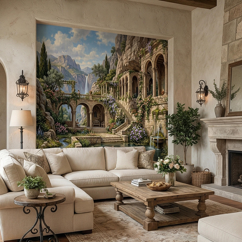Mediterranean Villa Peel and Stick Wall Mural, Romantic Italian Garden Landscape, Waterfall Courtyard Floral Nature Wallpaper