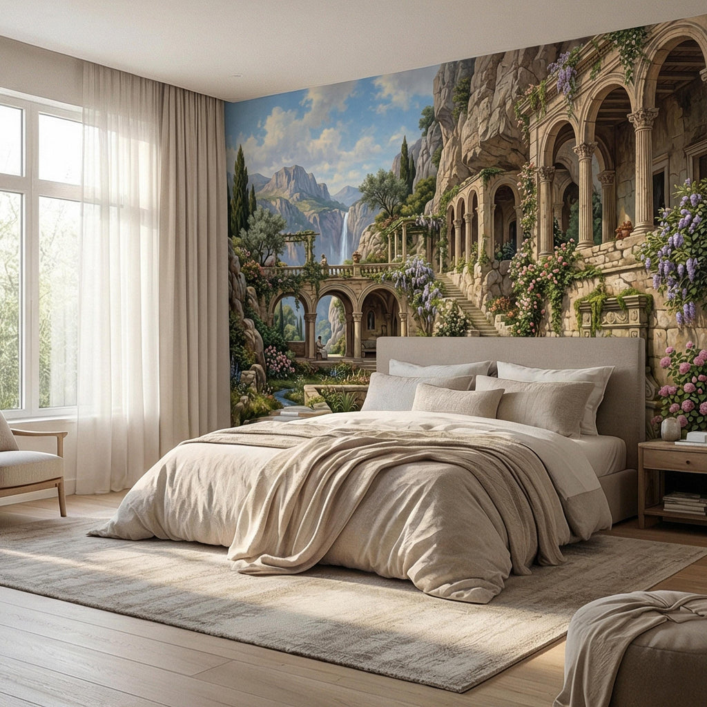 Mediterranean Villa Peel and Stick Wall Mural, Romantic Italian Garden Landscape, Waterfall Courtyard Floral Nature Wallpaper