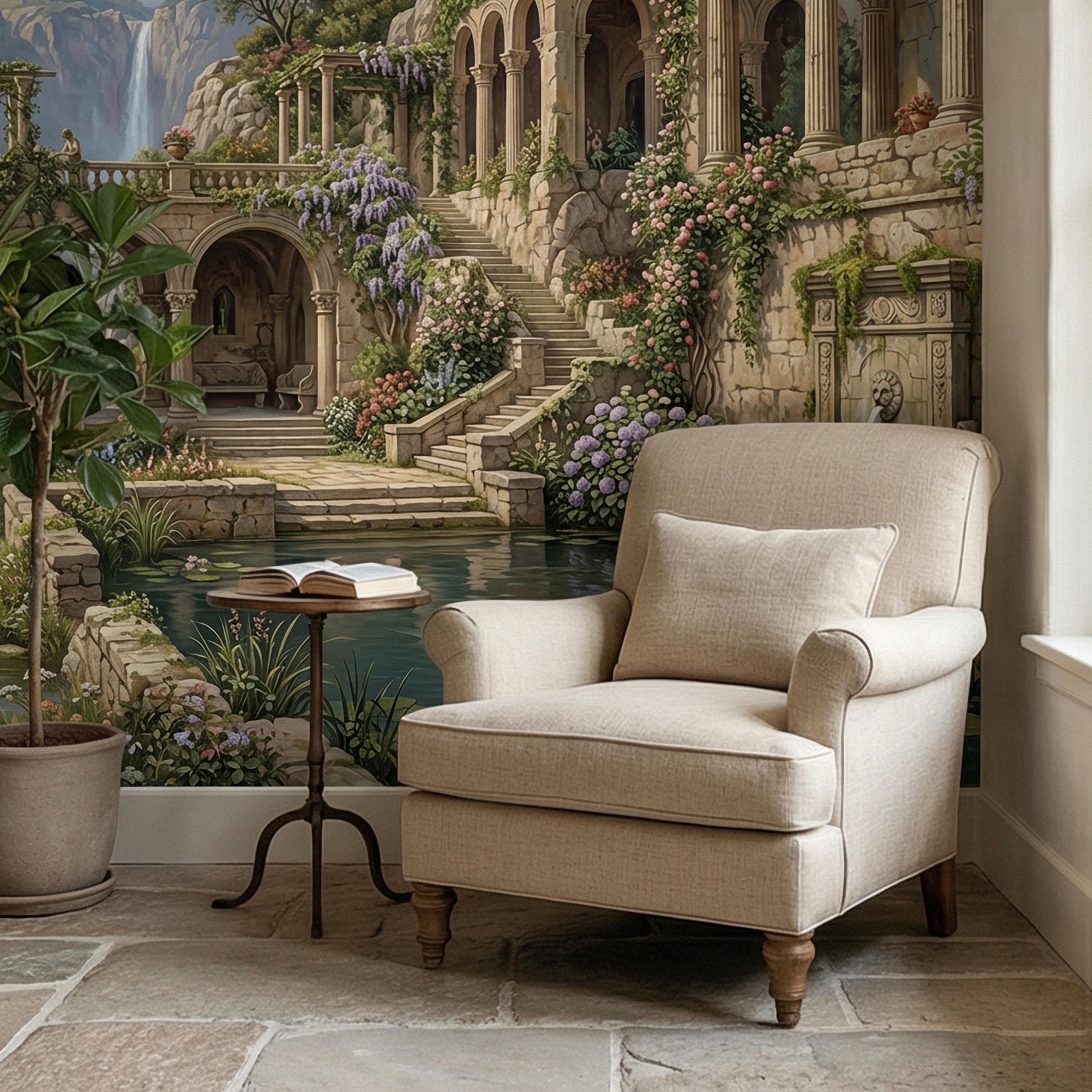 Mediterranean Villa Peel and Stick Wall Mural, Romantic Italian Garden Landscape, Waterfall Courtyard Floral Nature Wallpaper