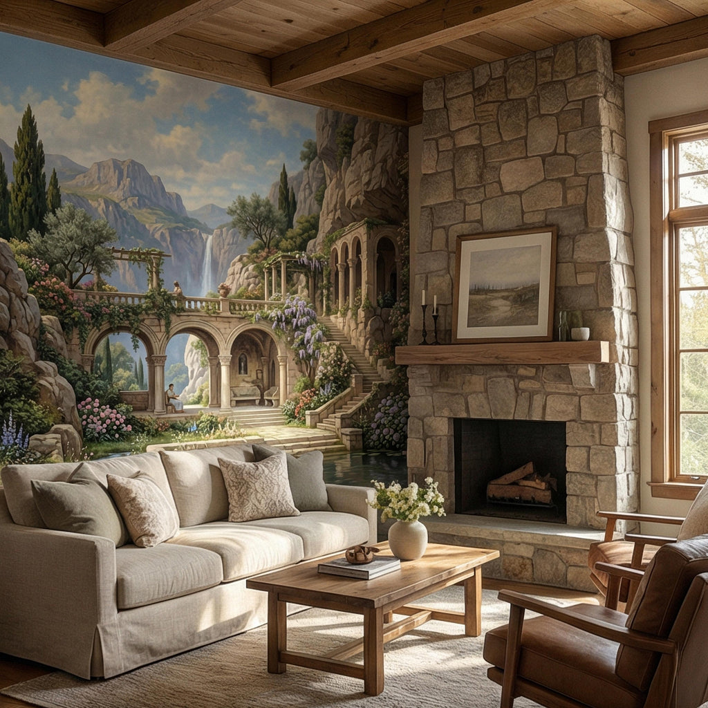 Mediterranean Villa Peel and Stick Wall Mural, Romantic Italian Garden Landscape, Waterfall Courtyard Floral Nature Wallpaper