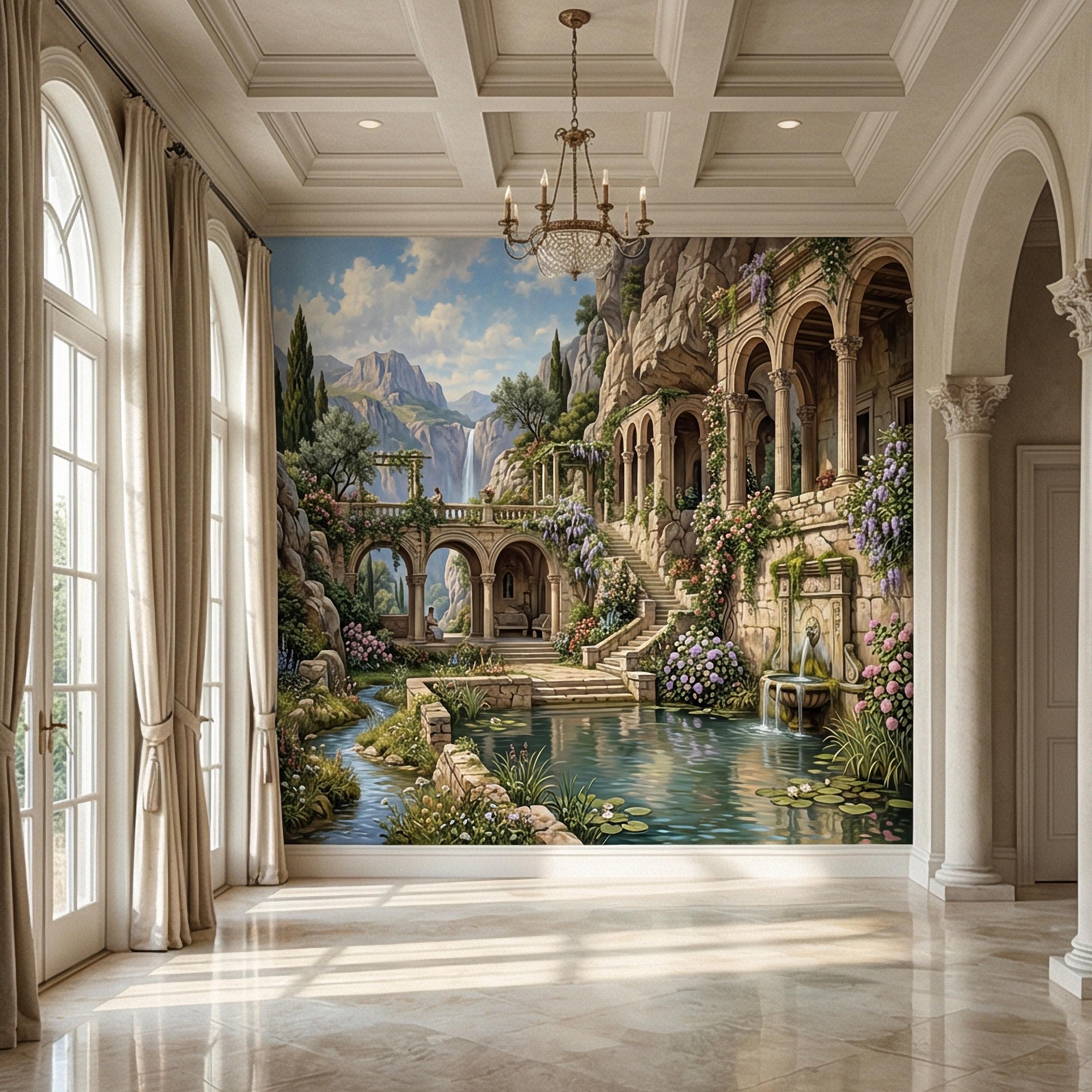 Mediterranean Villa Peel and Stick Wall Mural, Romantic Italian Garden Landscape, Waterfall Courtyard Floral Nature Wallpaper