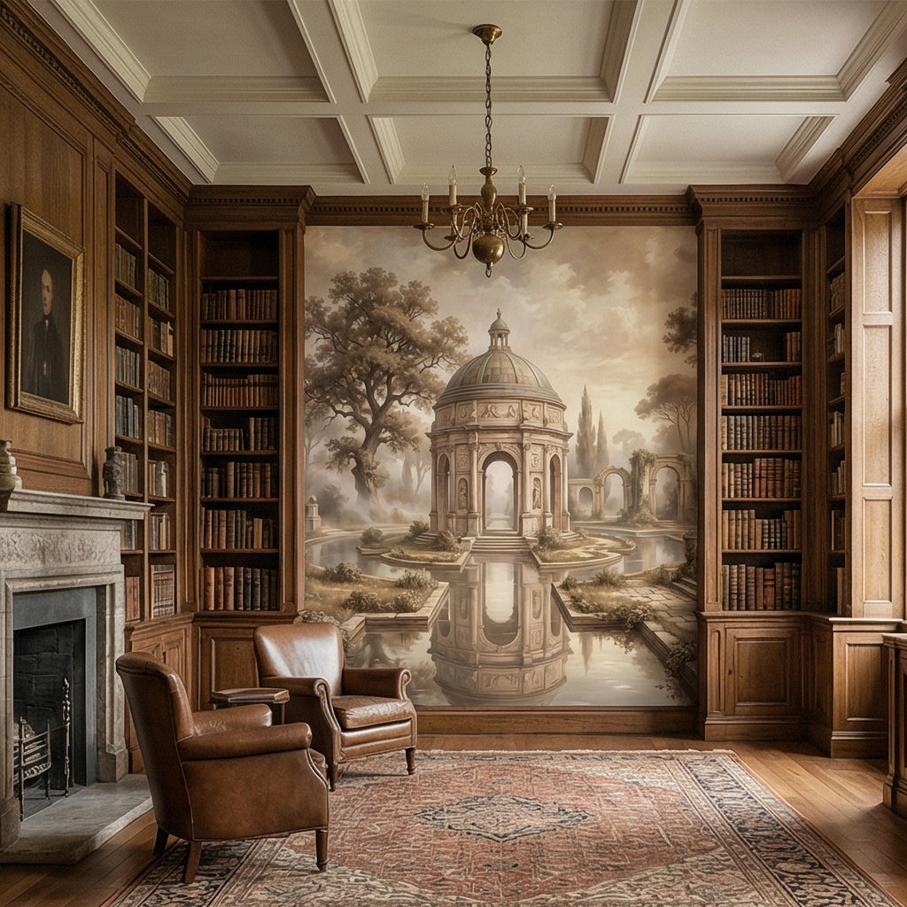 Antique Garden Peel and Stick Wall Mural, Romantic European Pavilion Landscape, Neutral Old World Architectural Wallpaper