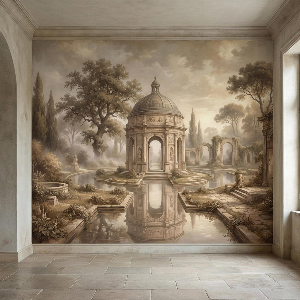 Antique Garden Peel and Stick Wall Mural, Romantic European Pavilion Landscape, Neutral Old World Architectural Wallpaper