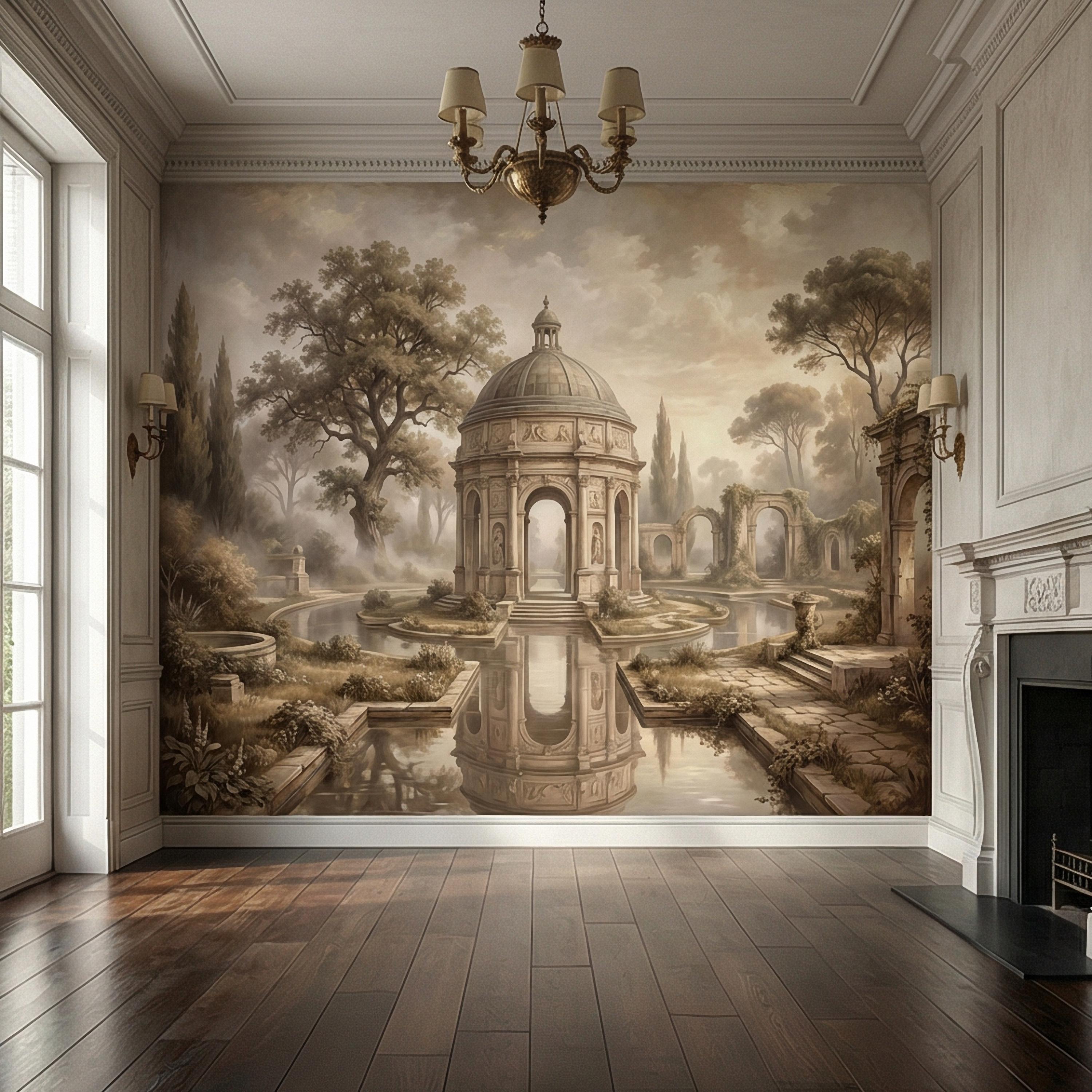 Antique Garden Peel and Stick Wall Mural, Romantic European Pavilion Landscape, Neutral Old World Architectural Wallpaper