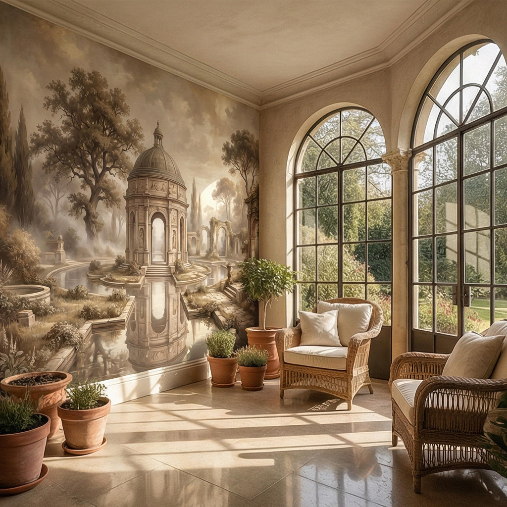 Antique Garden Peel and Stick Wall Mural, Romantic European Pavilion Landscape, Neutral Old World Architectural Wallpaper