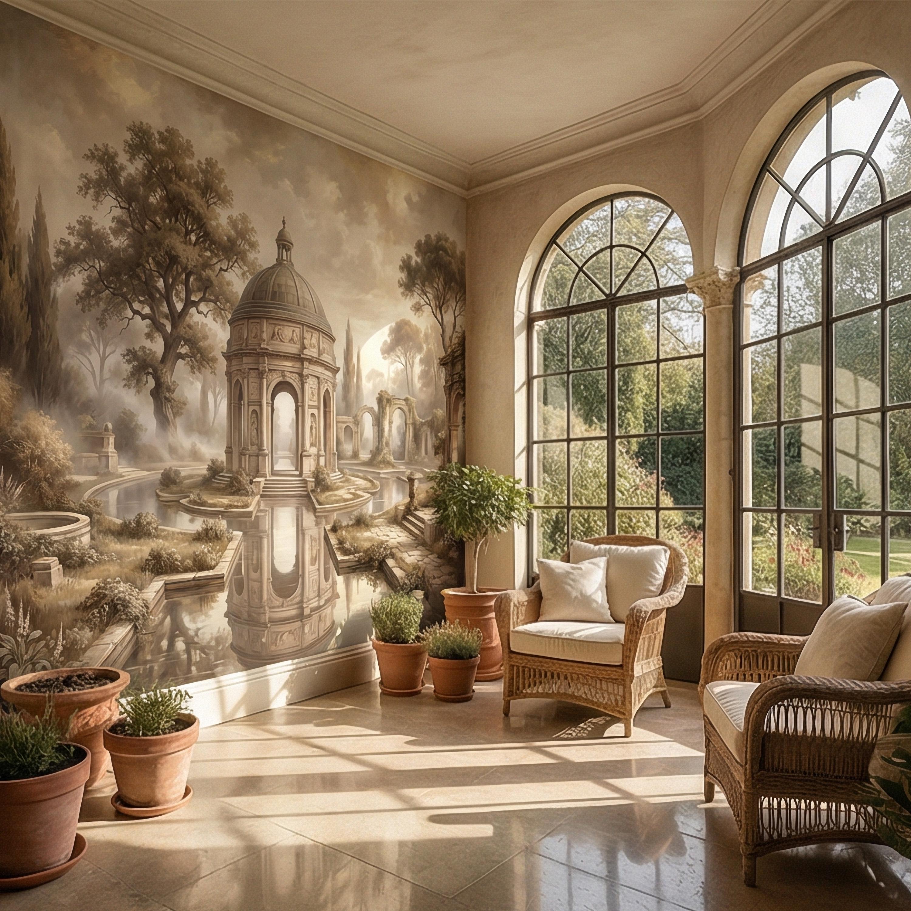 Antique Garden Peel and Stick Wall Mural, Romantic European Pavilion Landscape, Neutral Old World Architectural Wallpaper