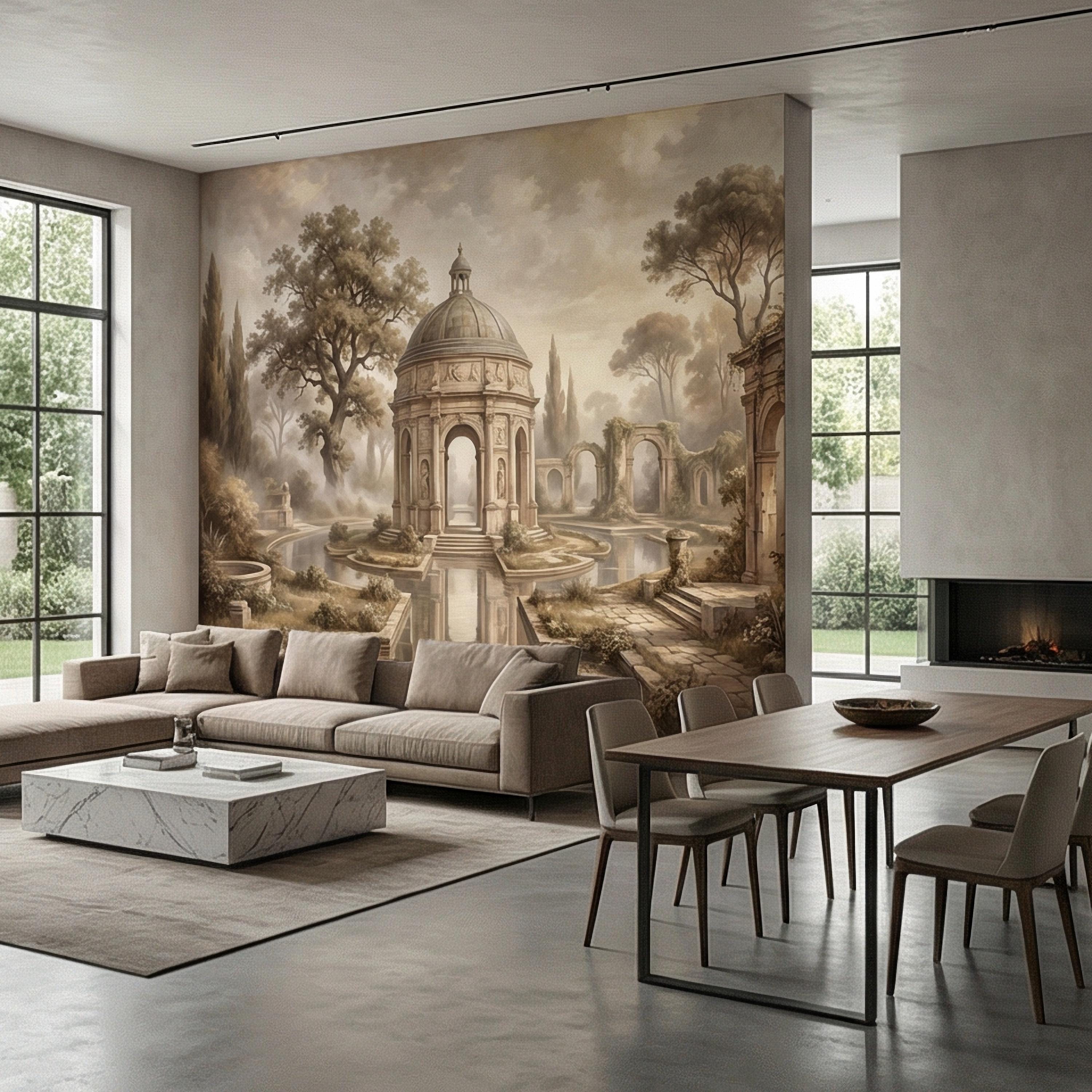 Antique Garden Peel and Stick Wall Mural, Romantic European Pavilion Landscape, Neutral Old World Architectural Wallpaper
