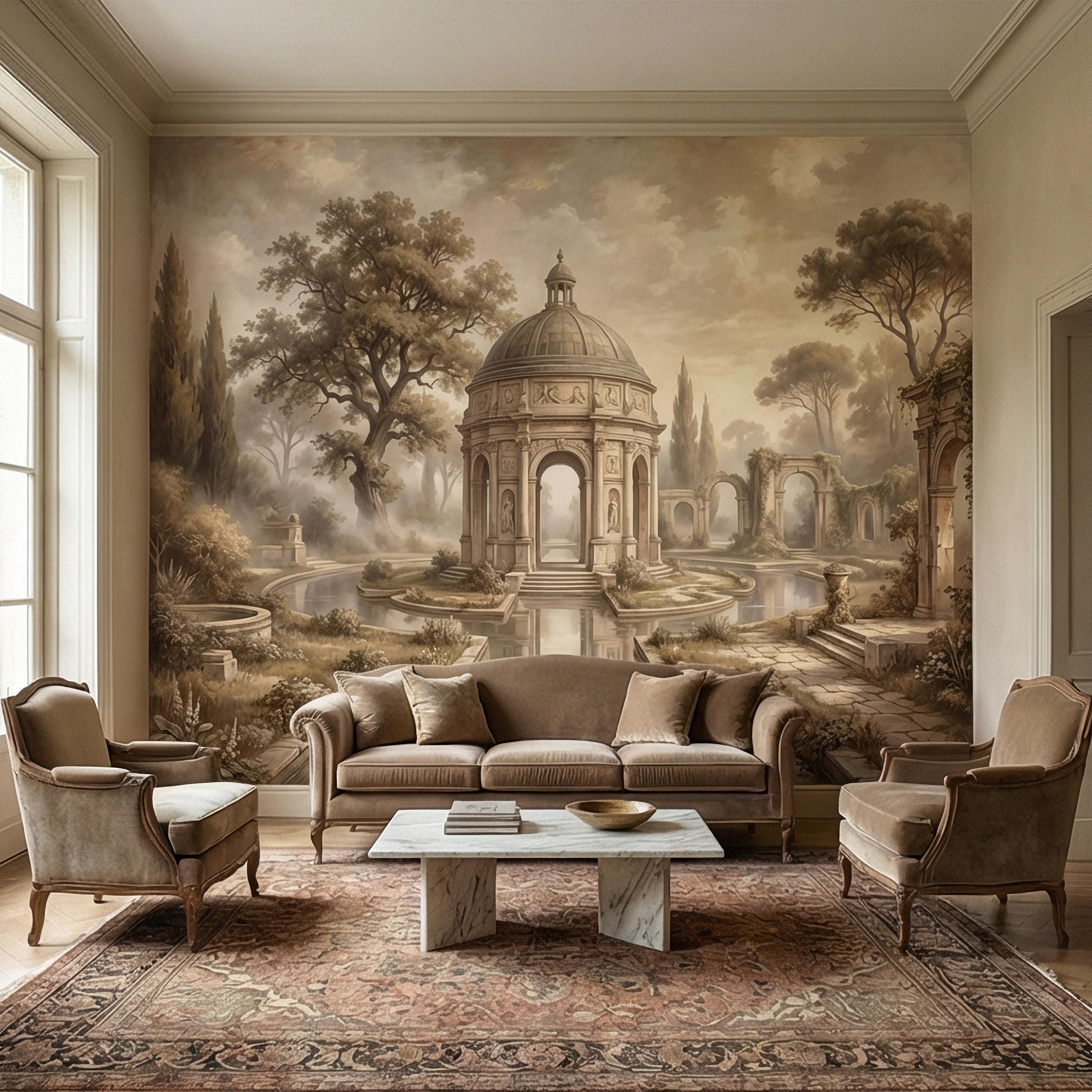 Antique Garden Peel and Stick Wall Mural, Romantic European Pavilion Landscape, Neutral Old World Architectural Wallpaper