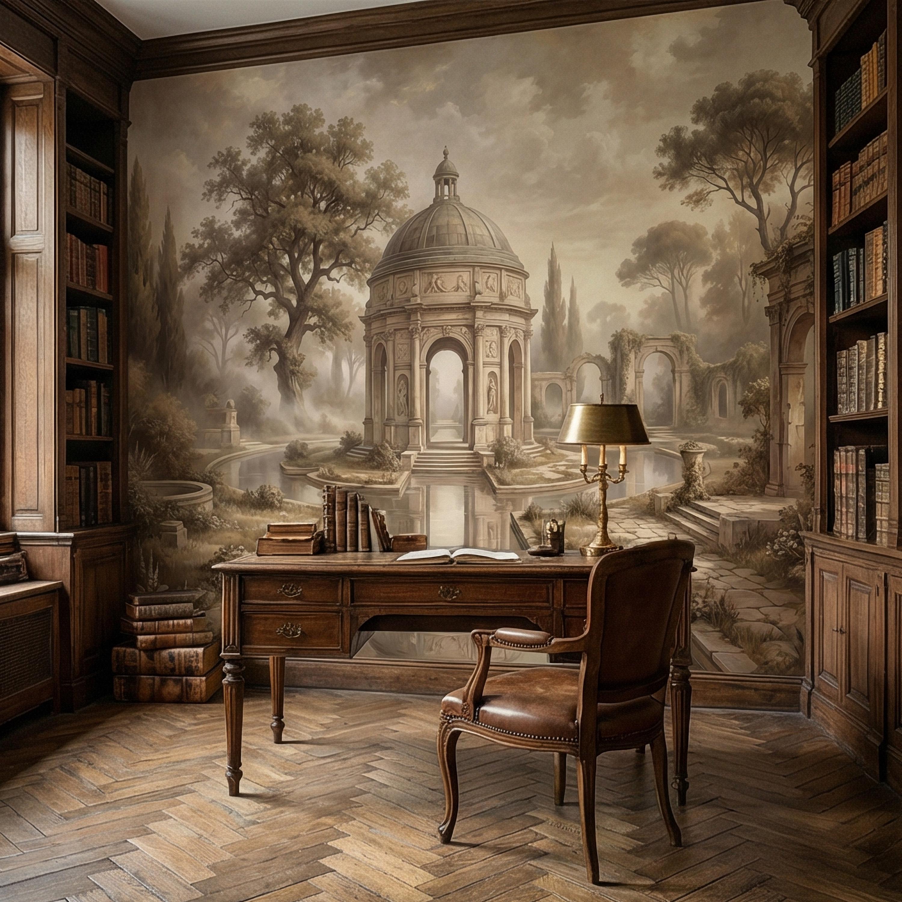 Antique Garden Peel and Stick Wall Mural, Romantic European Pavilion Landscape, Neutral Old World Architectural Wallpaper