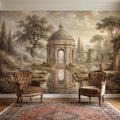 Antique Garden Peel and Stick Wall Mural, Romantic European Pavilion Landscape, Neutral Old World Architectural Wallpaper