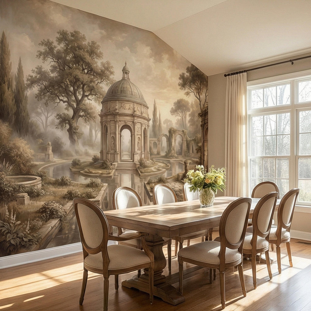 Antique Garden Peel and Stick Wall Mural, Romantic European Pavilion Landscape, Neutral Old World Architectural Wallpaper