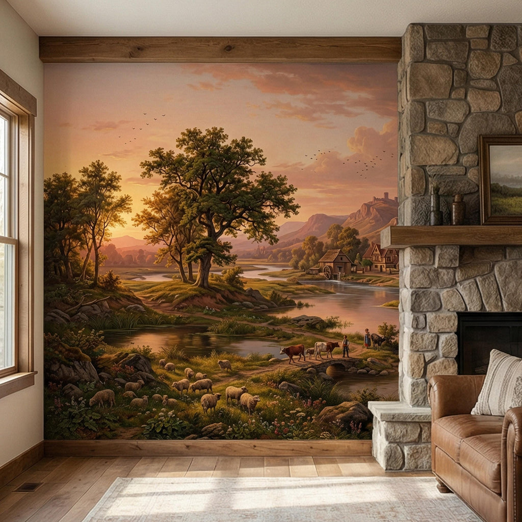Sunset Countryside Peel and Stick Wall Mural, Rustic River Landscape Wallpaper, Pastoral Farm Village Nature Scenic Wallpaper