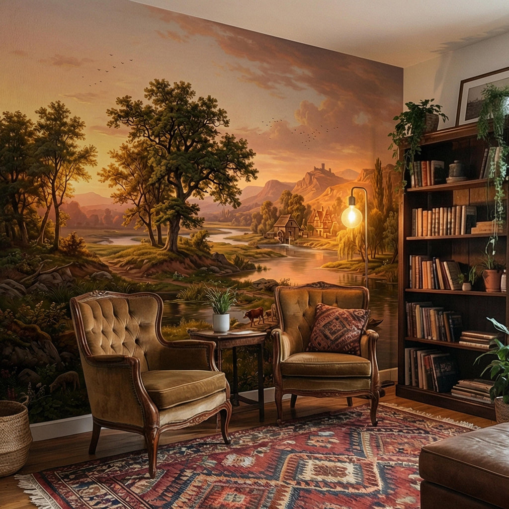 Sunset Countryside Peel and Stick Wall Mural, Rustic River Landscape Wallpaper, Pastoral Farm Village Nature Scenic Wallpaper