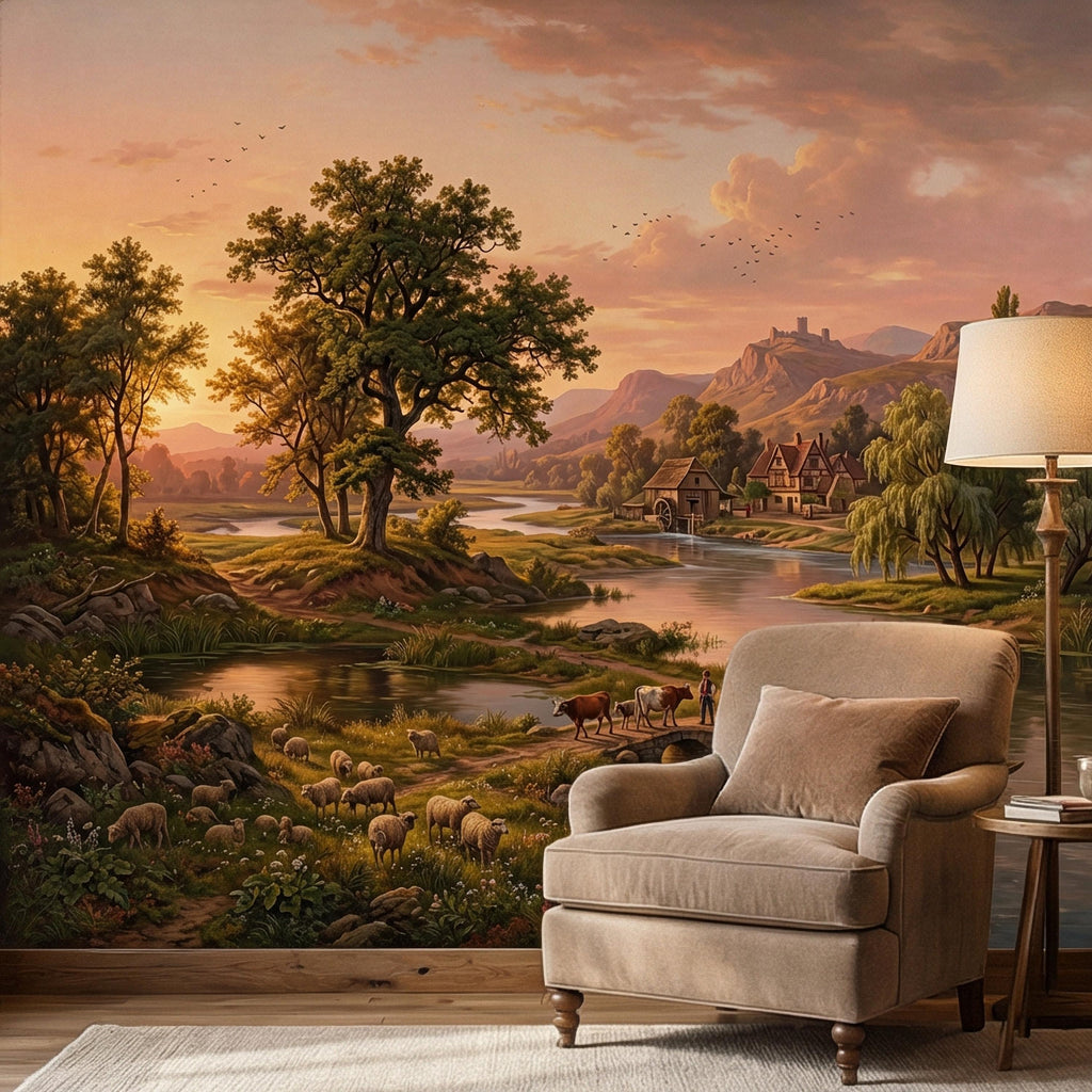 Sunset Countryside Peel and Stick Wall Mural, Rustic River Landscape Wallpaper, Pastoral Farm Village Nature Scenic Wallpaper