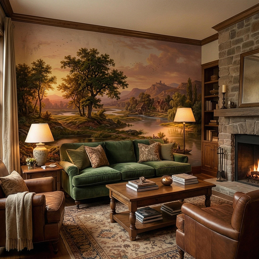 Sunset Countryside Peel and Stick Wall Mural, Rustic River Landscape Wallpaper, Pastoral Farm Village Nature Scenic Wallpaper
