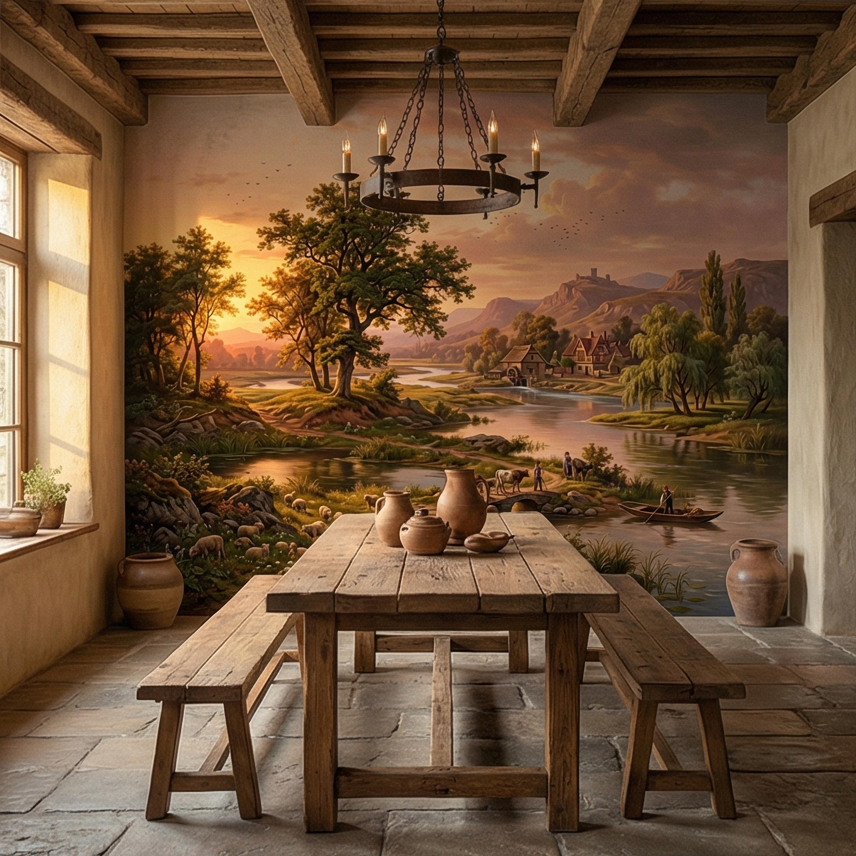 Sunset Countryside Peel and Stick Wall Mural, Rustic River Landscape Wallpaper, Pastoral Farm Village Nature Scenic Wallpaper
