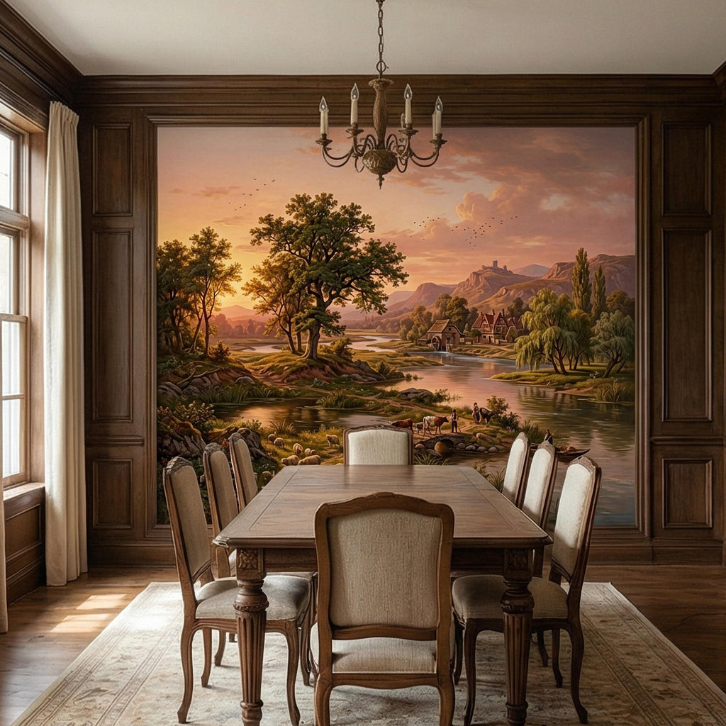 Sunset Countryside Peel and Stick Wall Mural, Rustic River Landscape Wallpaper, Pastoral Farm Village Nature Scenic Wallpaper