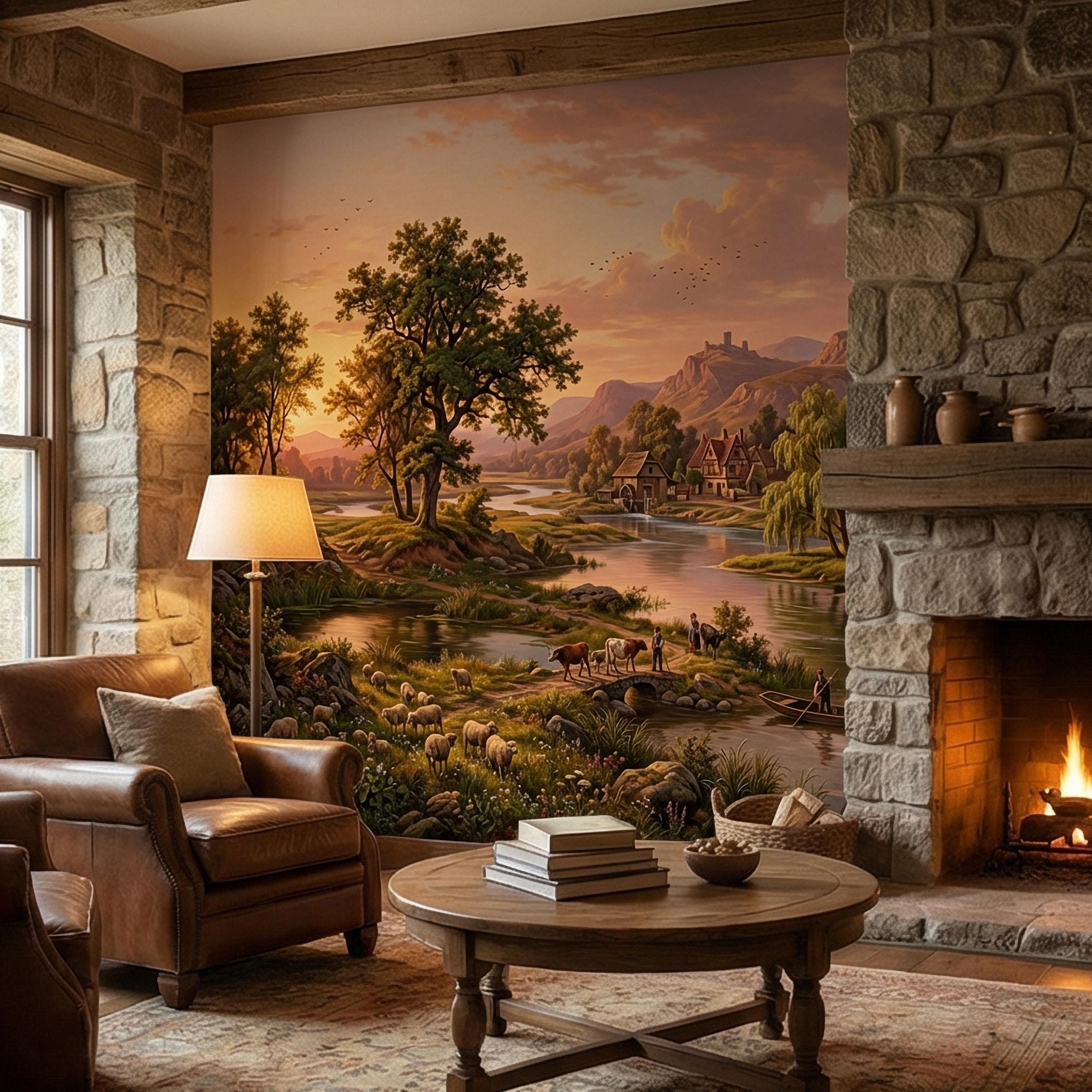 Sunset Countryside Peel and Stick Wall Mural, Rustic River Landscape Wallpaper, Pastoral Farm Village Nature Scenic Wallpaper