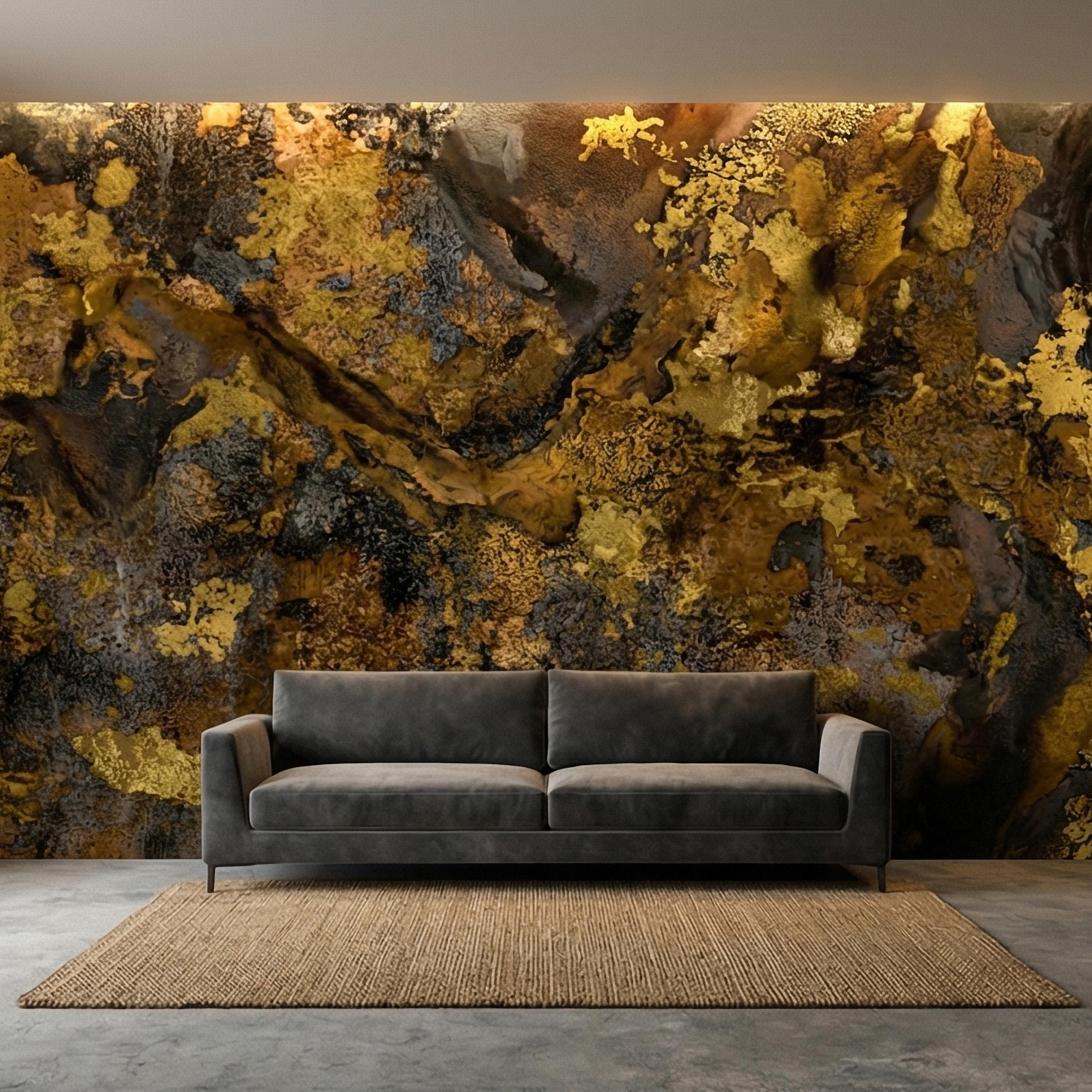 Abstract Dark Moody Brown Black Grunge Texture Peel and Stick Wall Mural, Rustic Stone Patina Ink Wash, Industrial Distressed Wallpaper