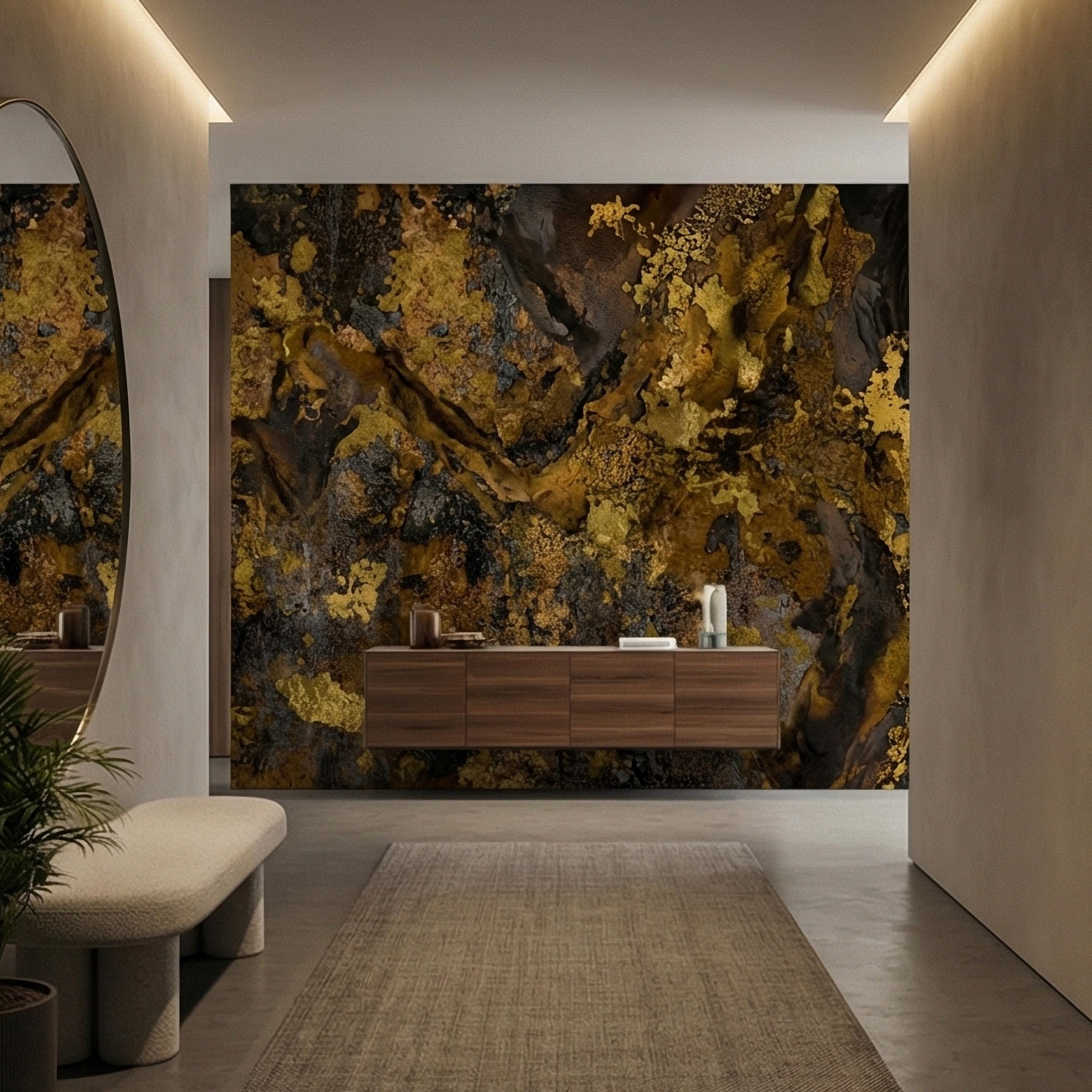 Abstract Dark Moody Brown Black Grunge Texture Peel and Stick Wall Mural, Rustic Stone Patina Ink Wash, Industrial Distressed Wallpaper