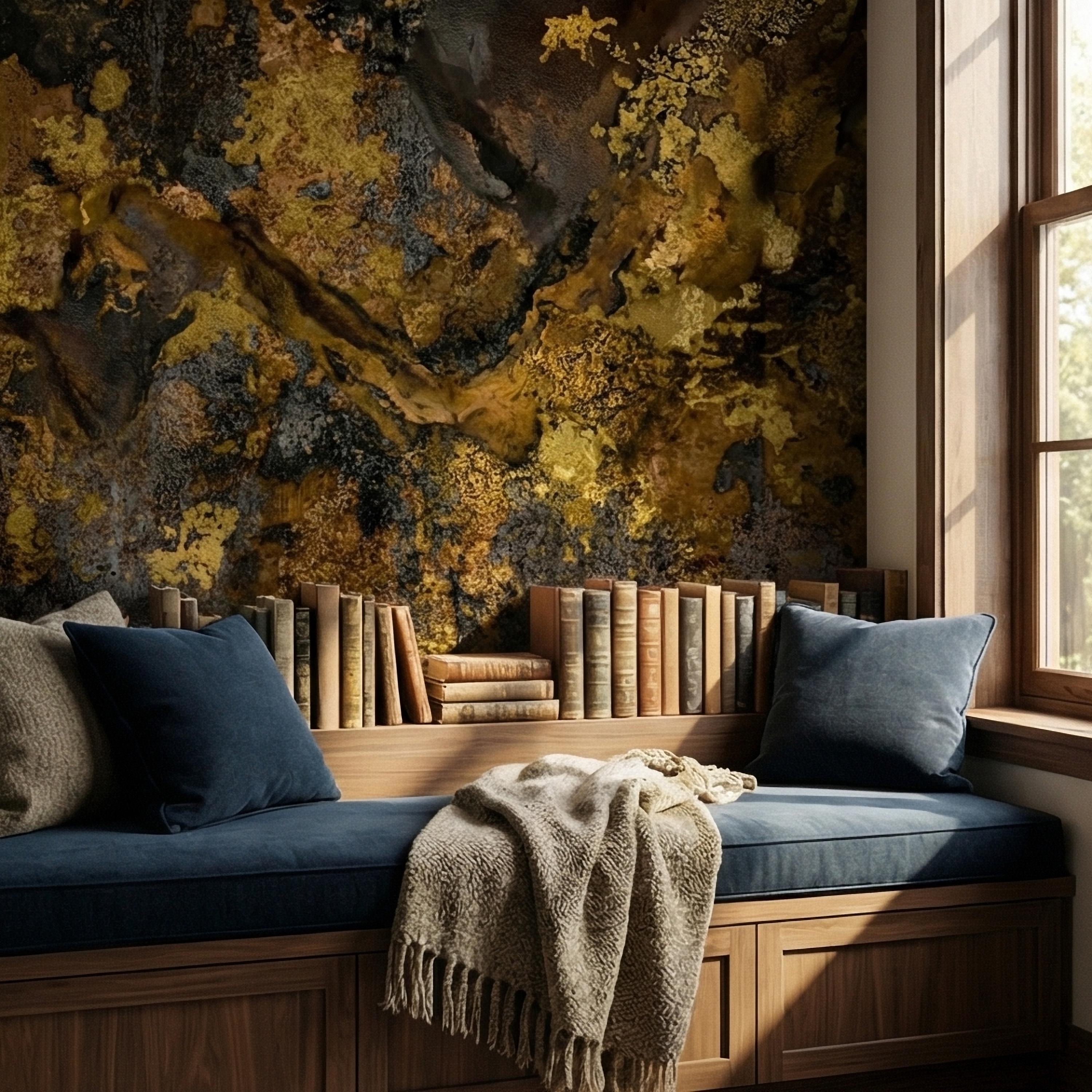 Abstract Dark Moody Brown Black Grunge Texture Peel and Stick Wall Mural, Rustic Stone Patina Ink Wash, Industrial Distressed Wallpaper