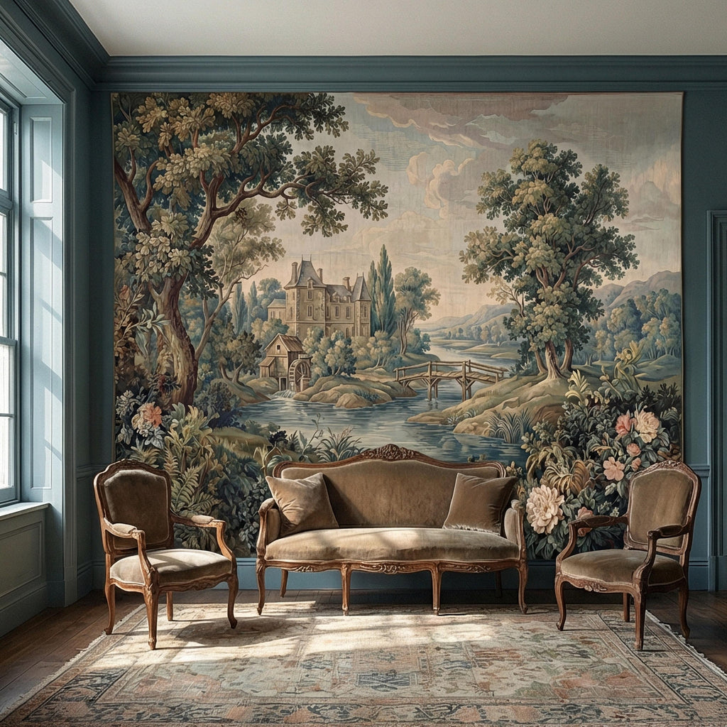 French Chateau Peel and Stick Wall Mural, Vintage River Landscape, Antique Scenic Garden, Romantic Old World Wallpaper